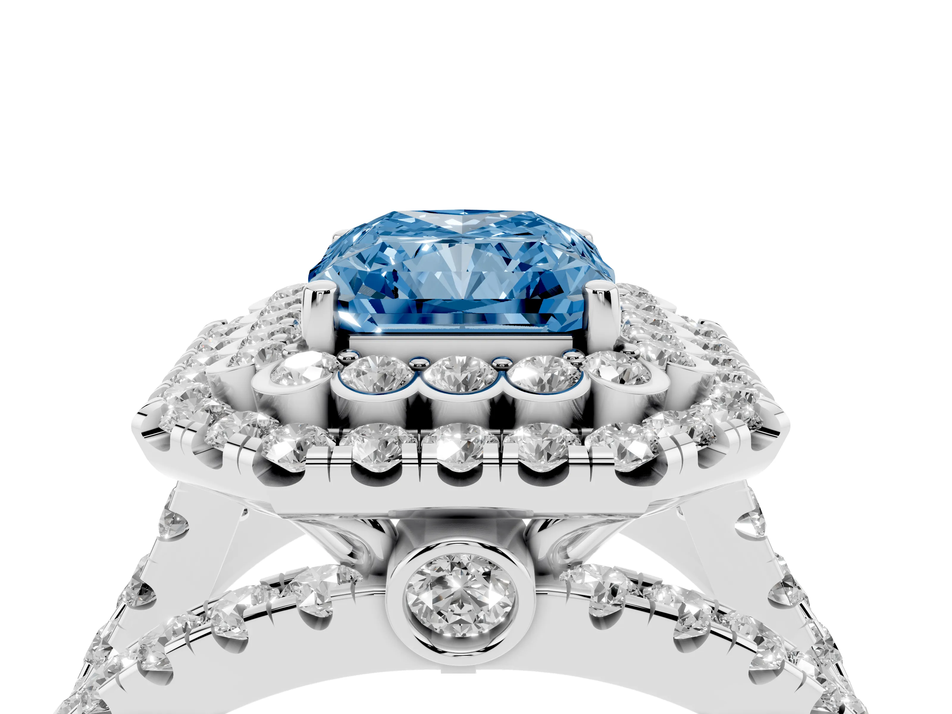 Fancy Blue Radiant Cut Diamond Double Halo Ring Set in White gold with Round Pavé Split Shank