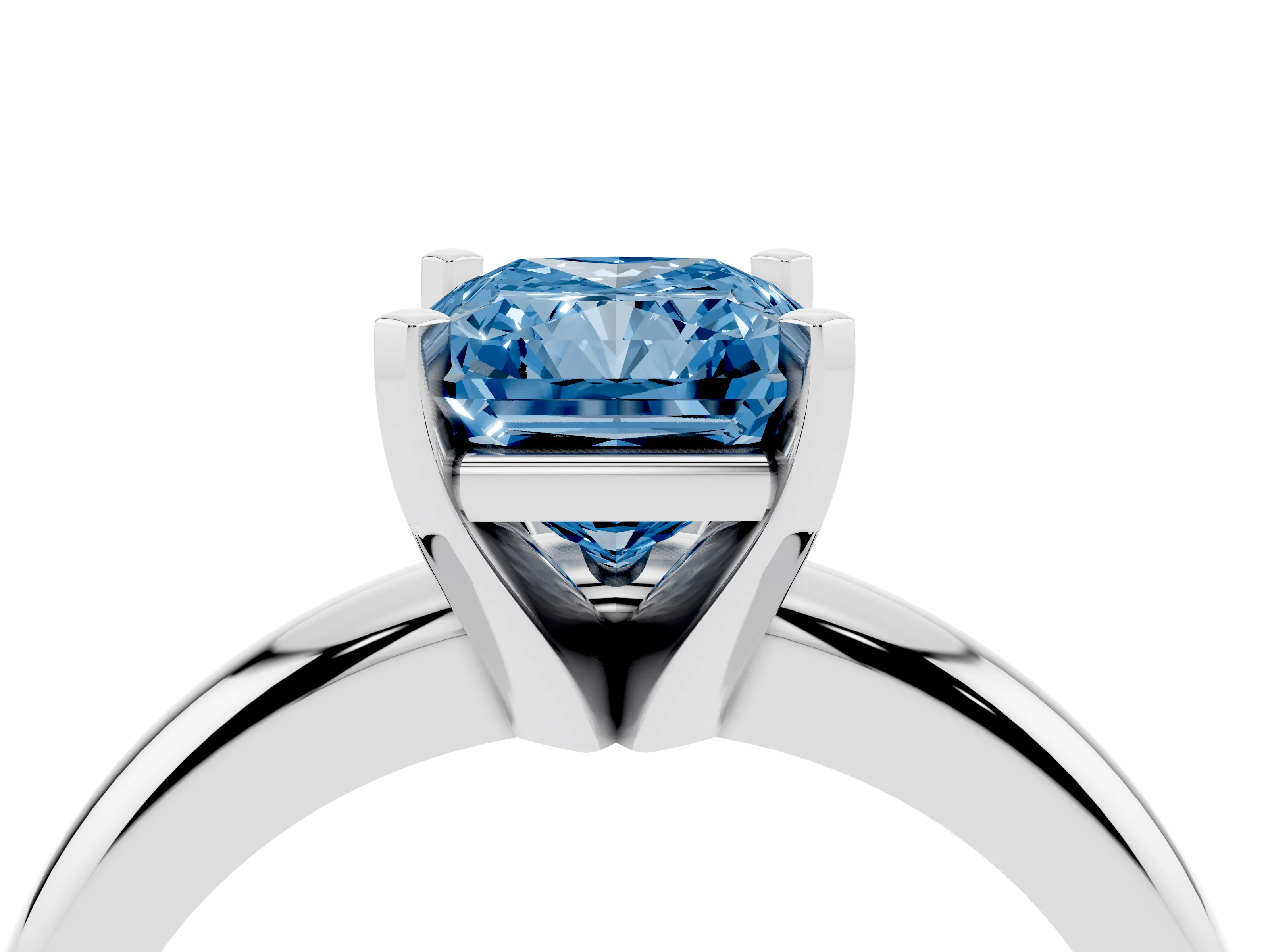Fancy Blue Radiant Cut Diamond Solitaire Engagement Ring Set in Platinum with Round Band and Prong Setting