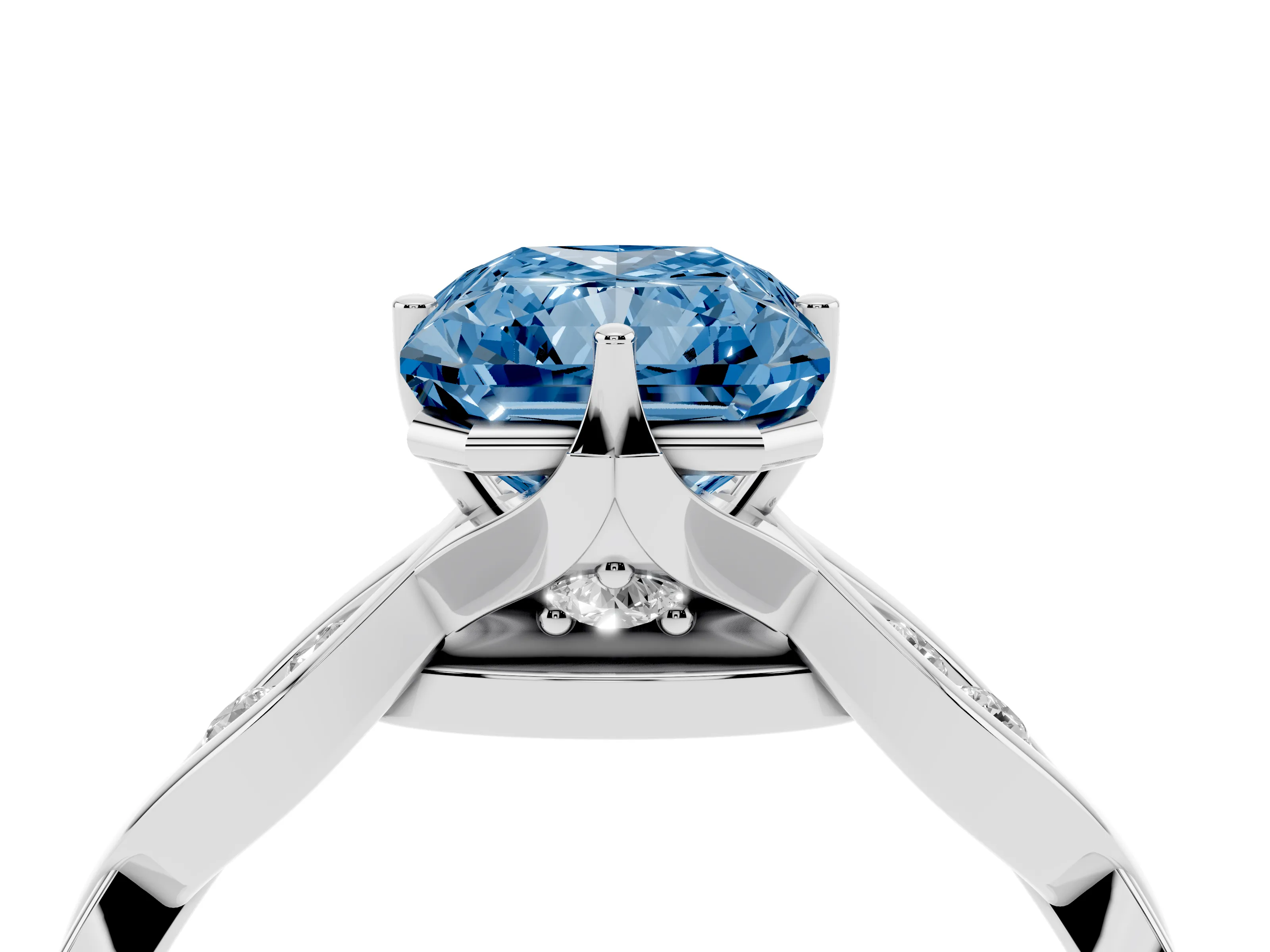 Fancy Blue Radiant Cut Diamond Twist Band Solitaire Ring Set in White gold with Leaf Prong Setting and Accent Stones