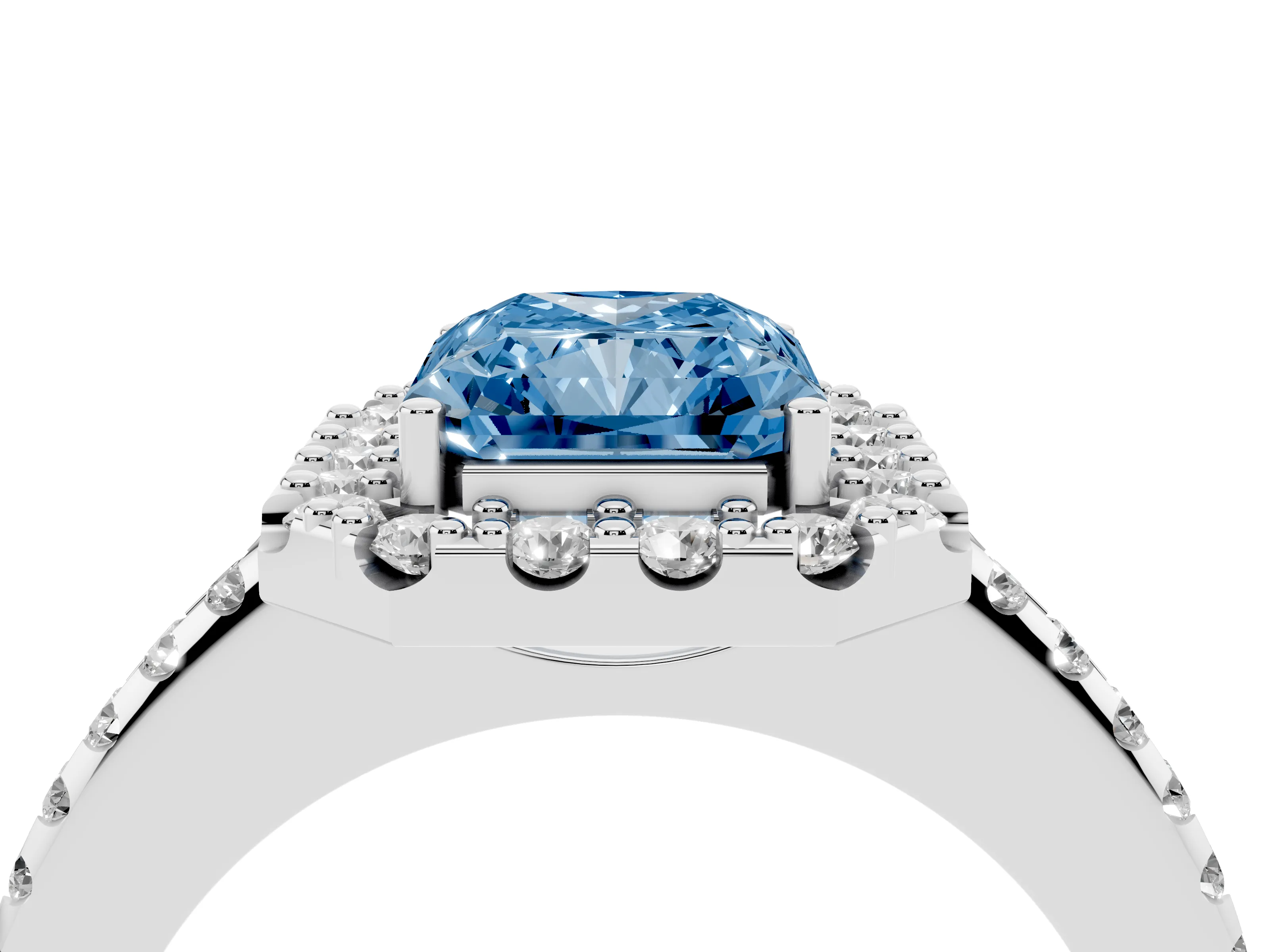 Fancy Blue Radiant Cut Diamond Pavé Halo Ring Set in Silver with Prong Setting