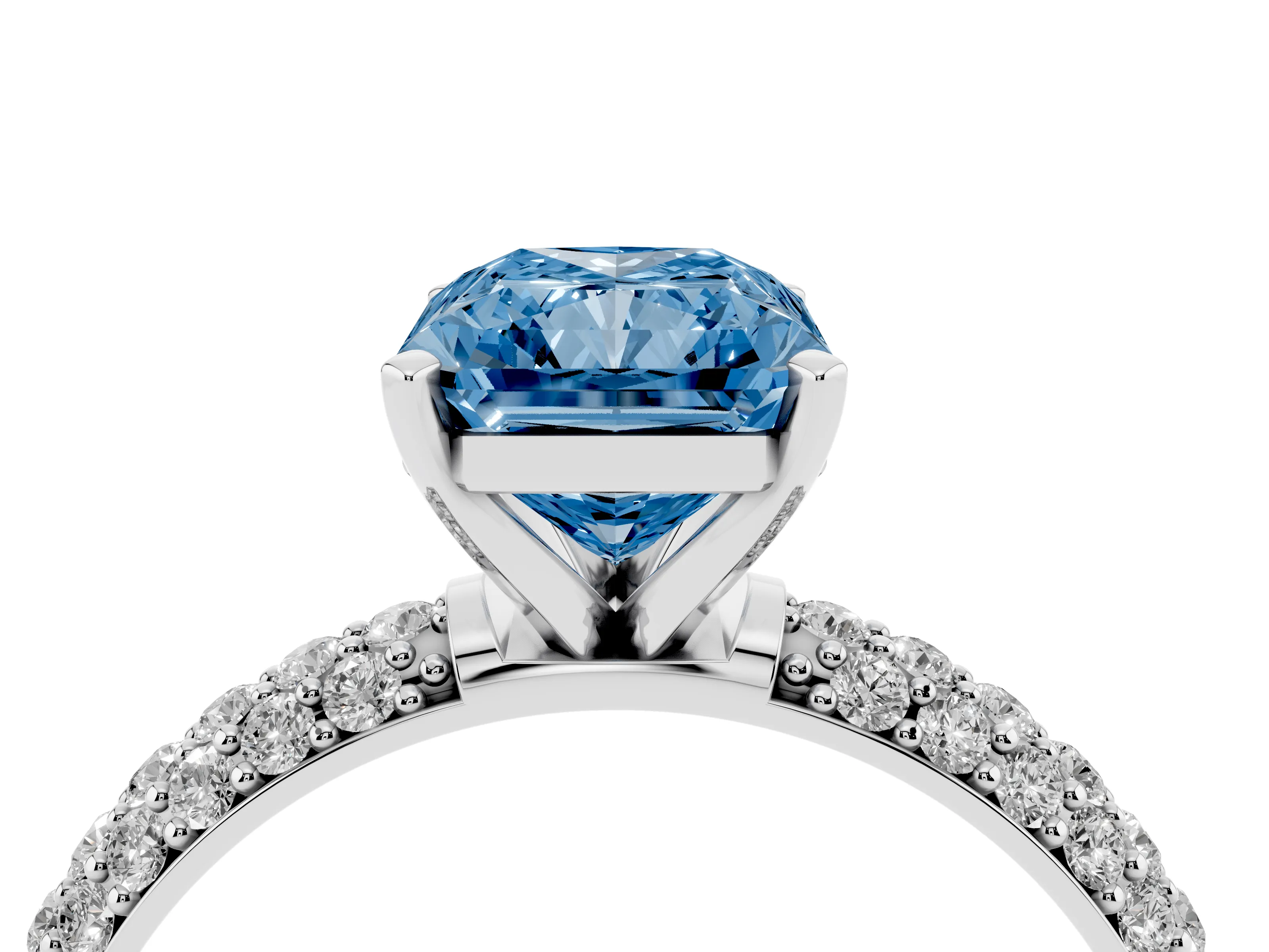 Fancy Blue Radiant Cut Diamond Solitaire Ring Set in Platinum with Prong Setting and Pavé-Set Band