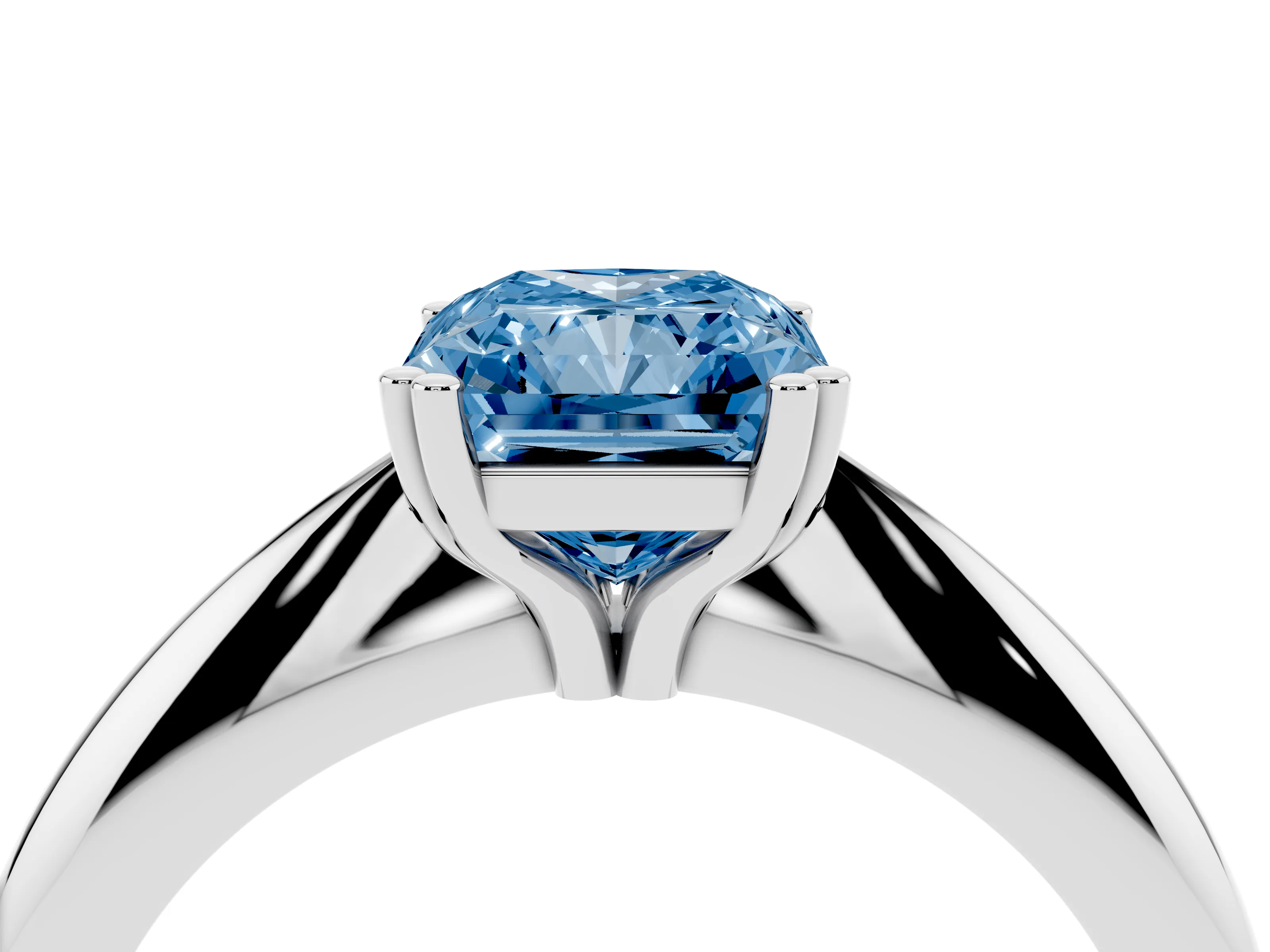 Fancy Blue Radiant Cut Diamond Solitaire Engagement Ring Set in Silver with Tapered Band and Prong Setting