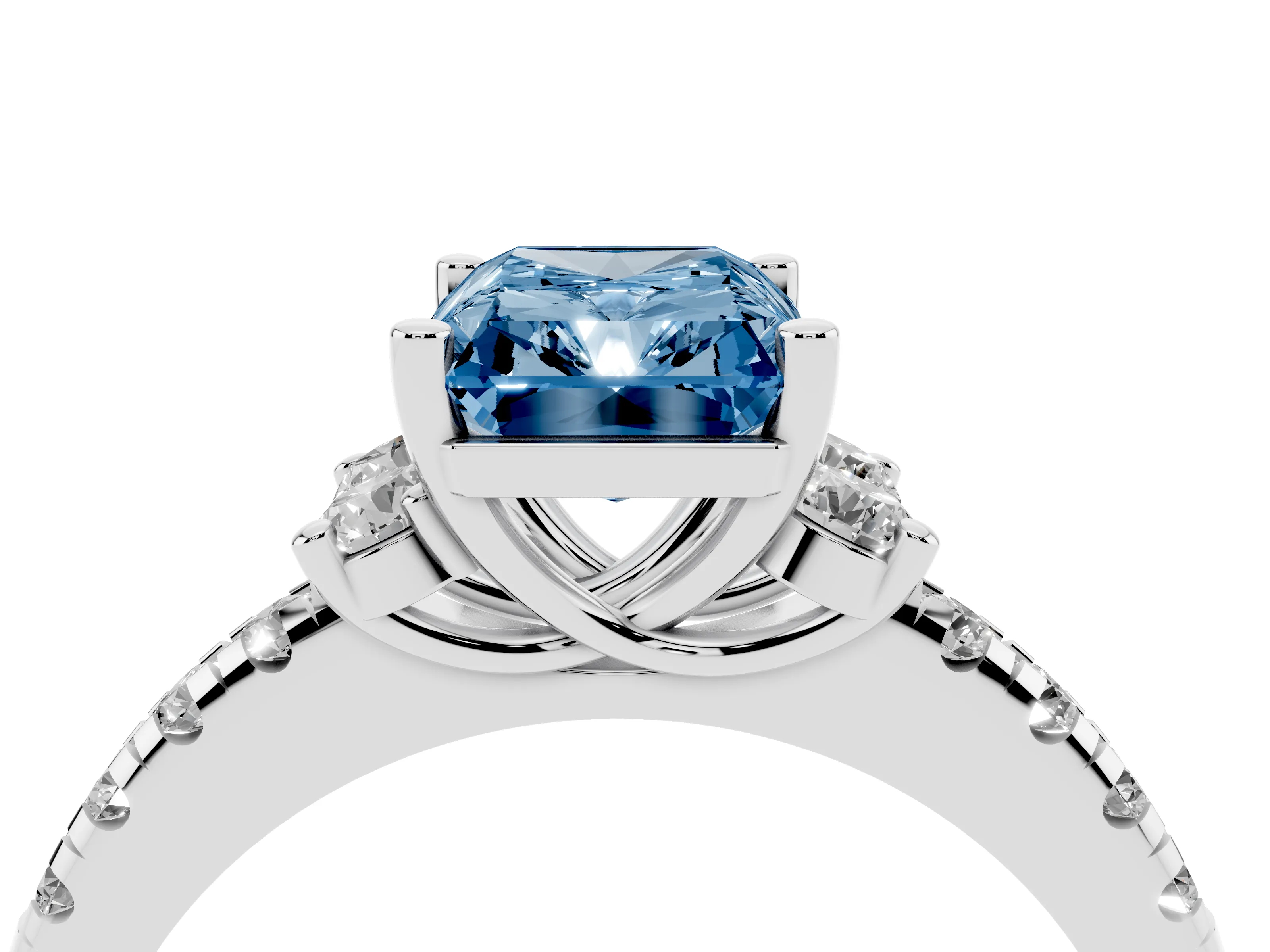 Fancy Blue Radiant Cut Diamond Three-Stone Pavé Ring Set in Silver with Prong Setting