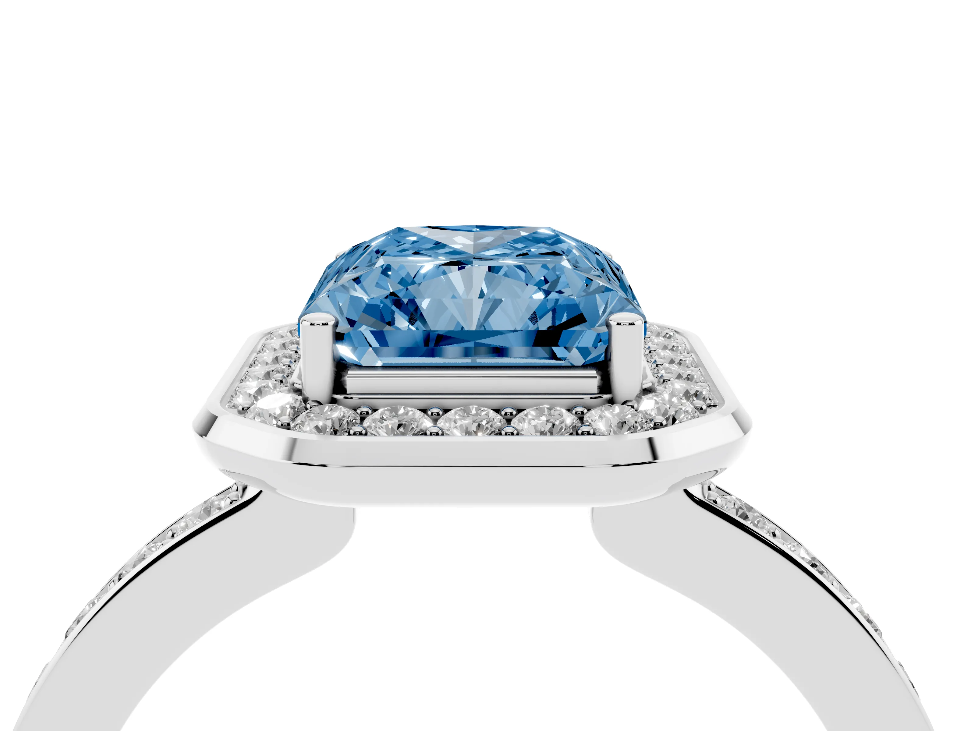 Fancy Blue Radiant Cut Diamond Halo Ring Set in Platinum with Bezel Frame and Pavé Band