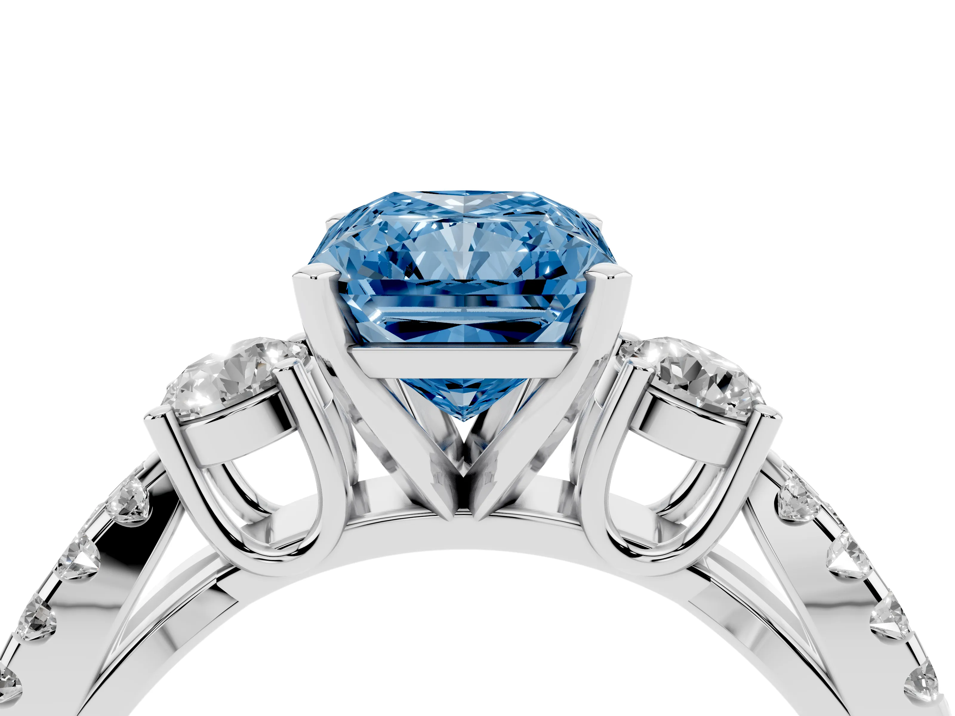 Fancy Blue Radiant Cut Diamond Three-Stone Ring Set in White gold with Pavé Split Shank and Prong Setting