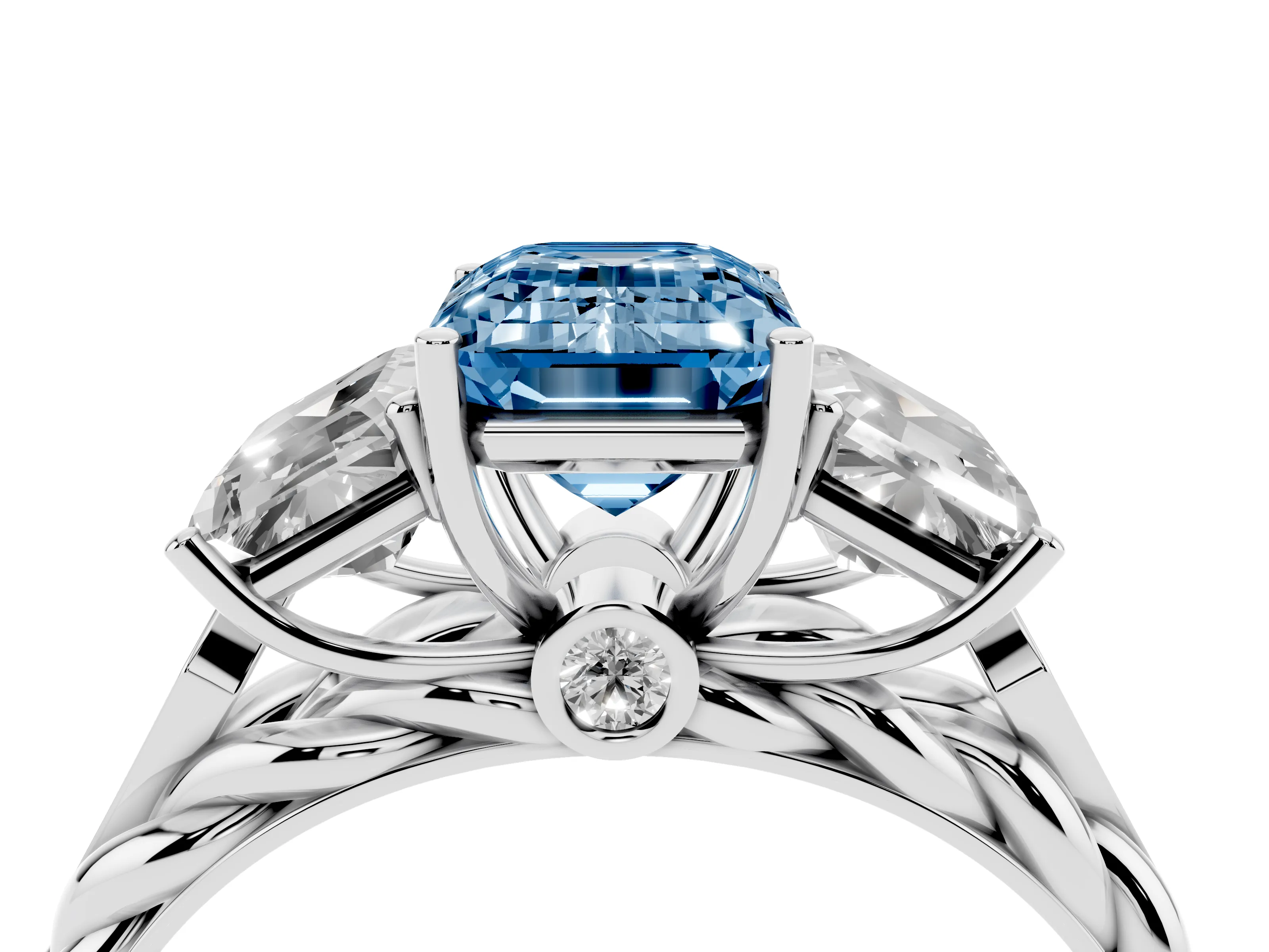 Fancy Blue Radiant Cut Diamond Three-Stone Ring Set in Silver with Braided Band