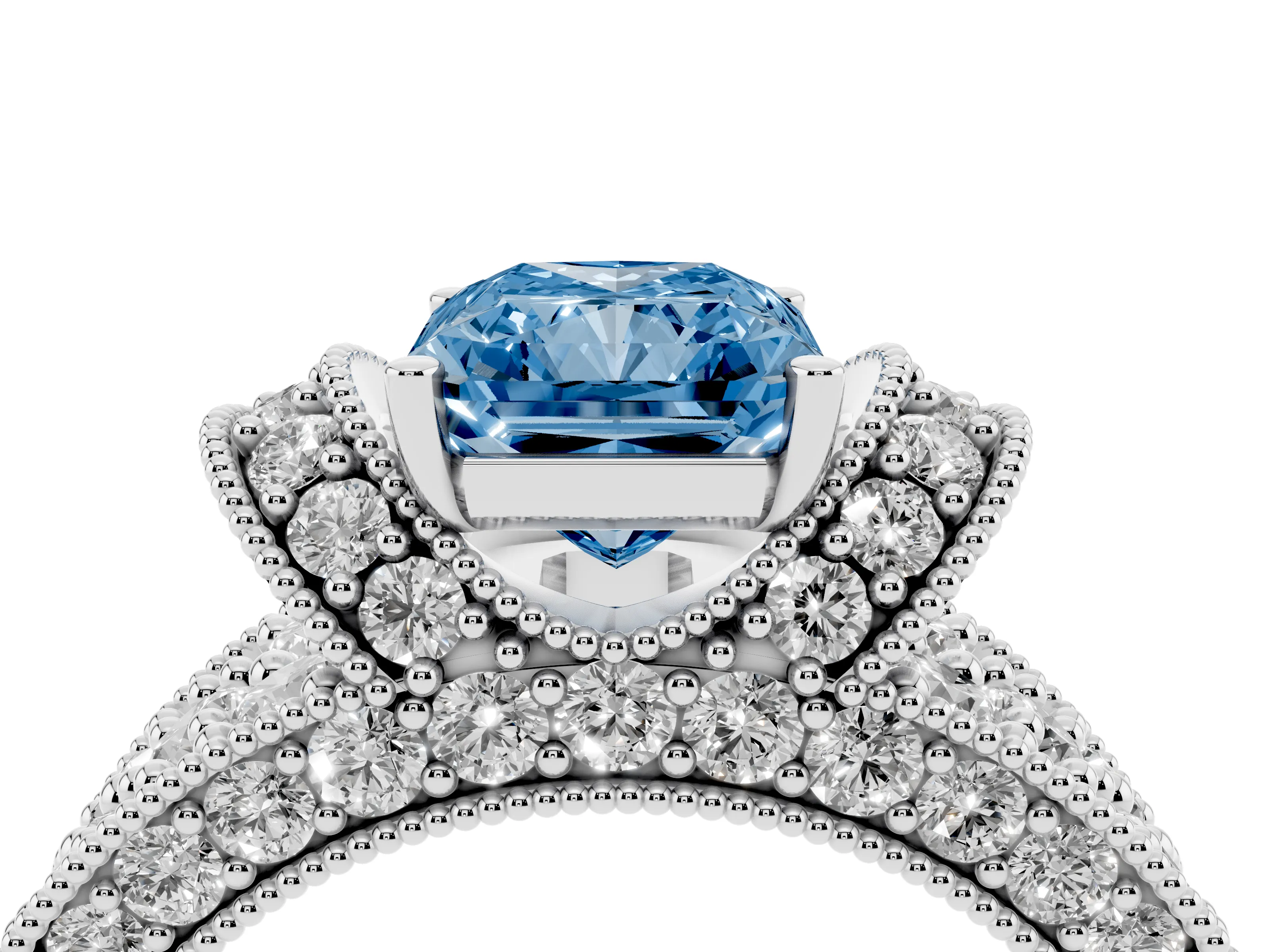 Fancy Blue Radiant Cut Diamond Milgrain Halo Pavé Engagement Ring Set in Platinum with Prong Setting