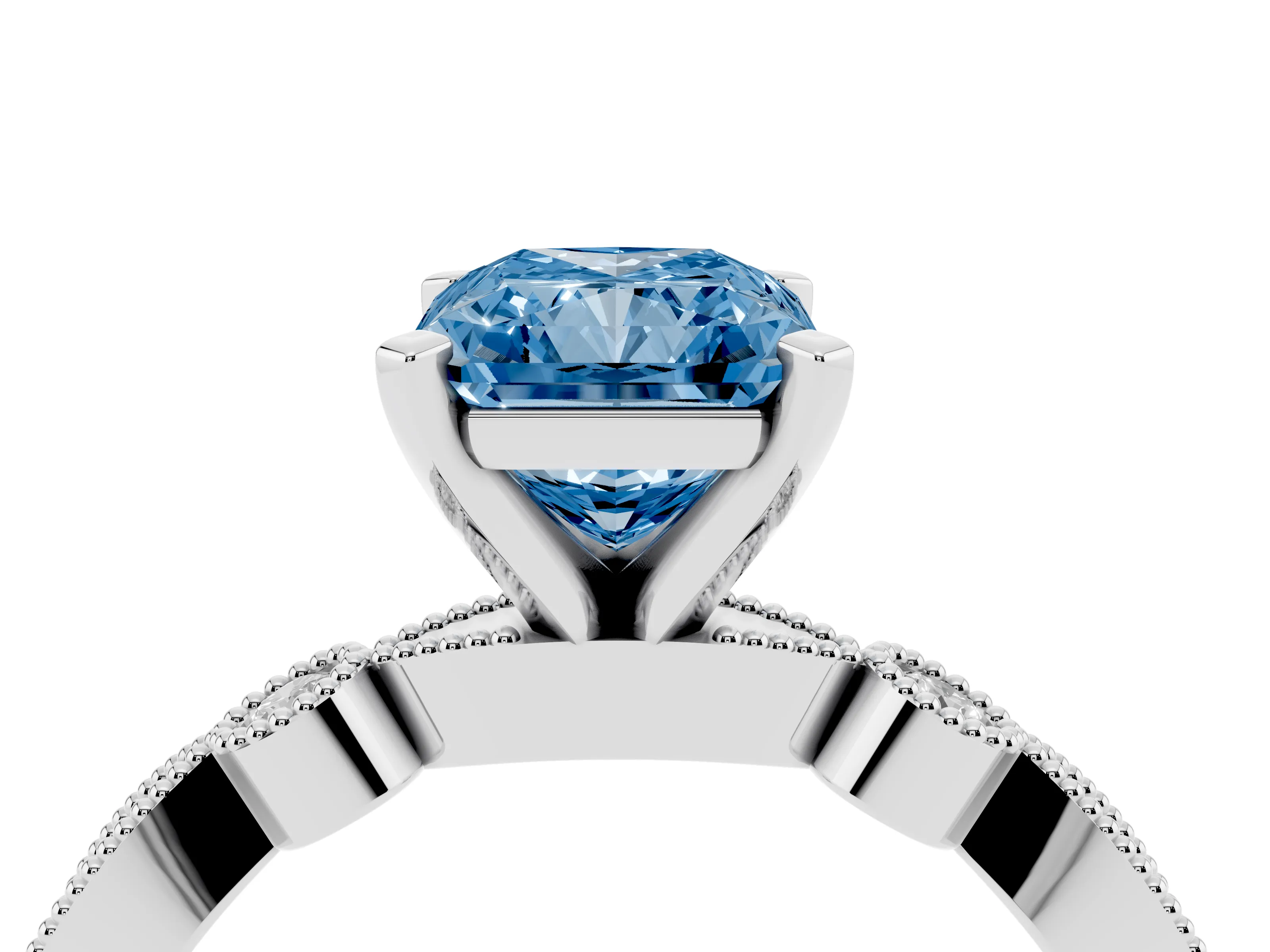 Fancy Blue Radiant Cut Diamond Solitaire Engagement Ring Set in Silver with Milgrain Bezel Accent Band
