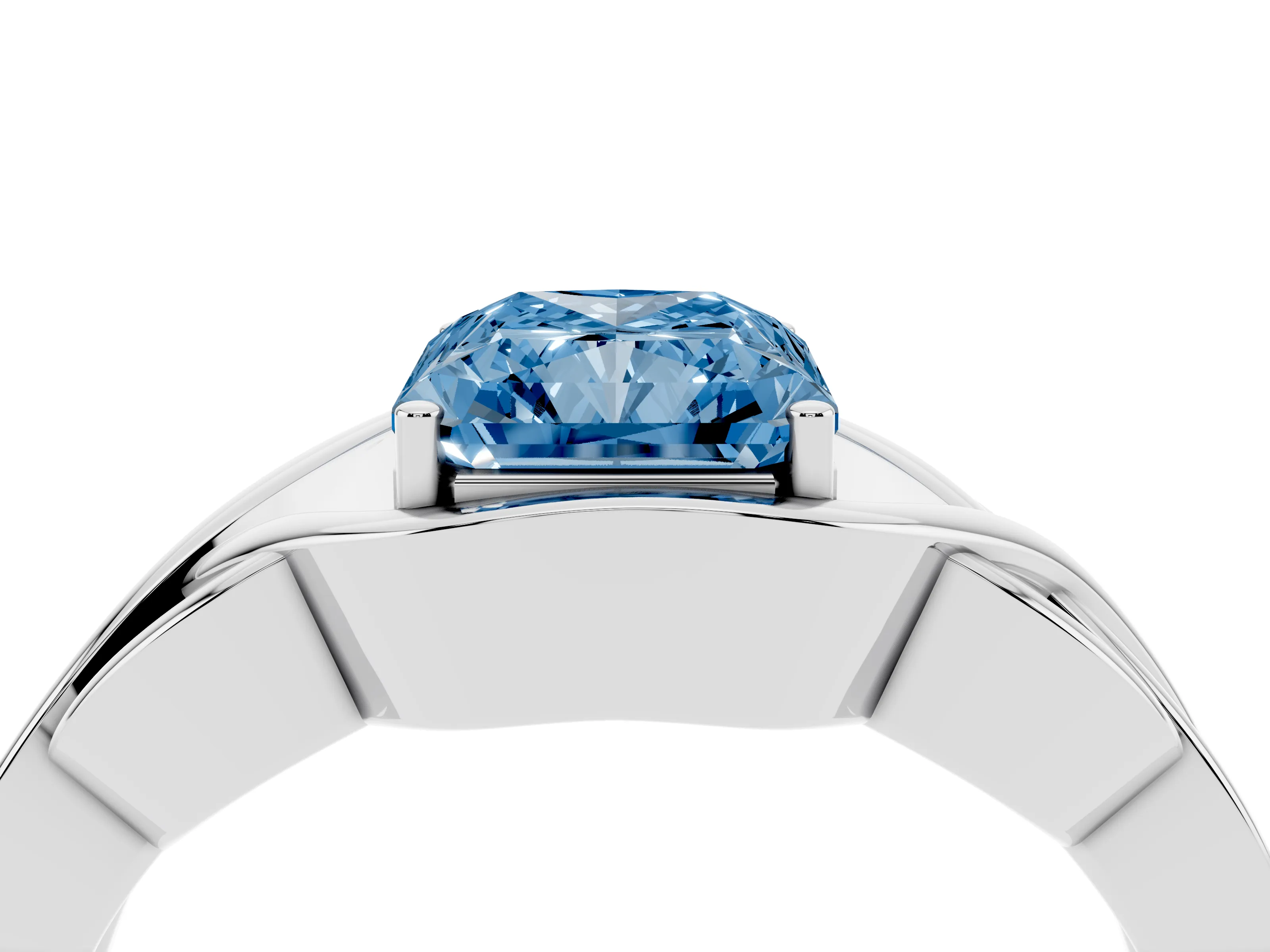 Fancy Blue Radiant Cut Diamond Solitaire Ring Set in Platinum with Intertwined Band