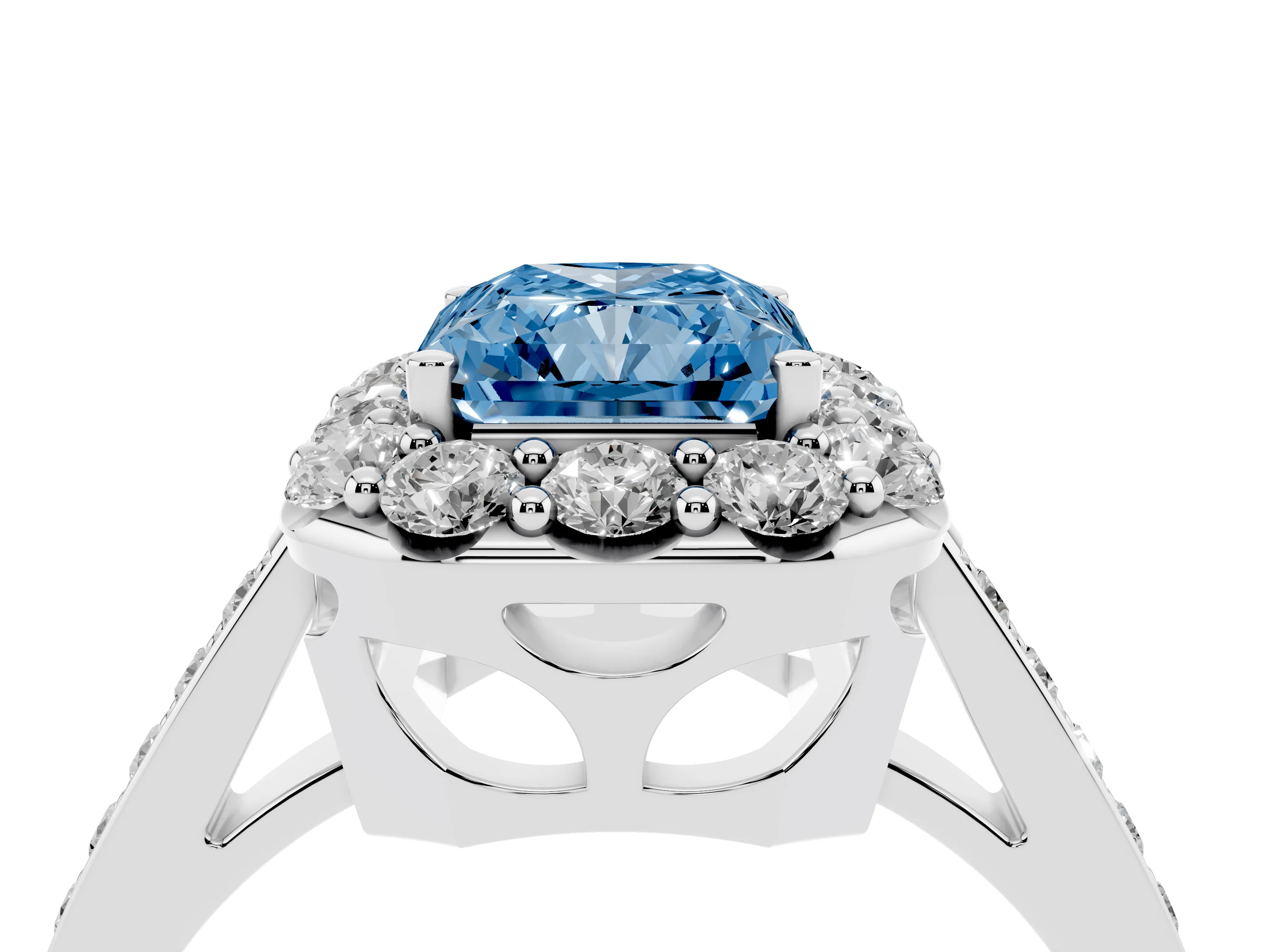Fancy Blue Radiant Cut Diamond Floral Halo Ring Set in Platinum with Pavé Band and Prong Setting
