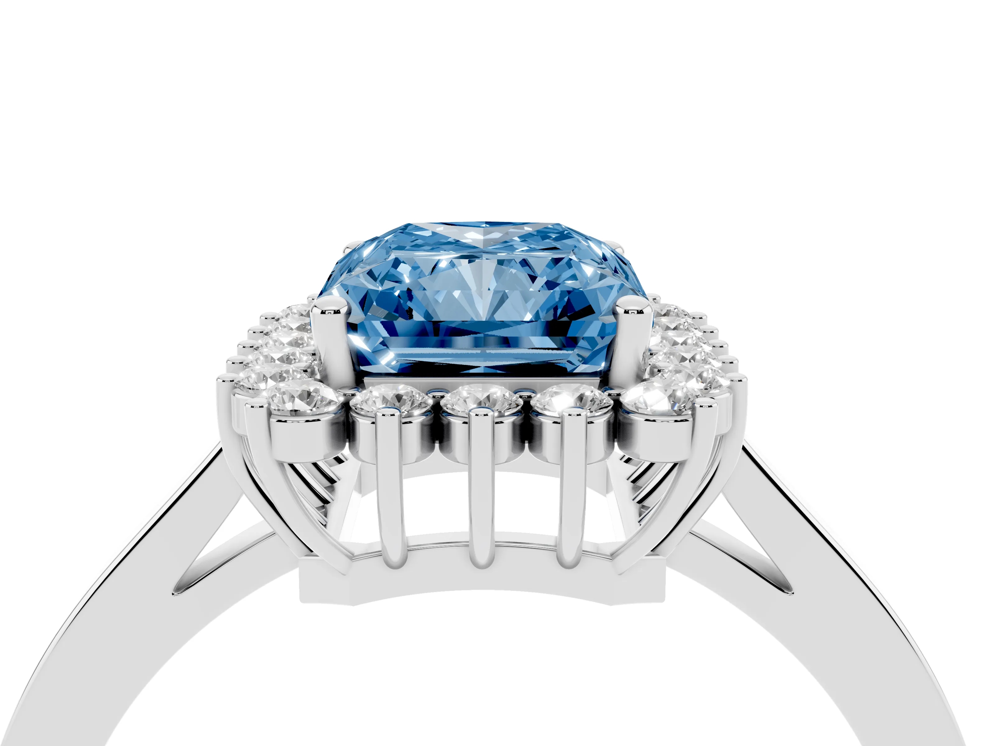 Fancy Blue Radiant Cut Diamond Halo Ring Set in White gold with Round Halo and Smooth Solitaire Band