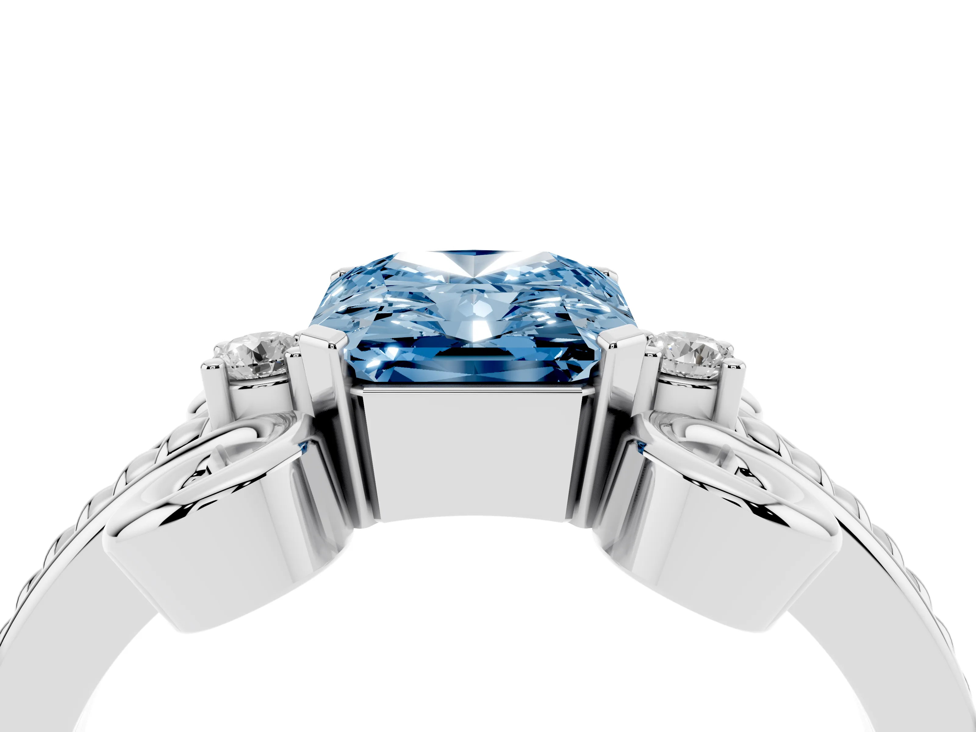 Fancy Blue Radiant Cut Diamond Twisted Band Solitaire Ring Set in Platinum with Scroll Prongs