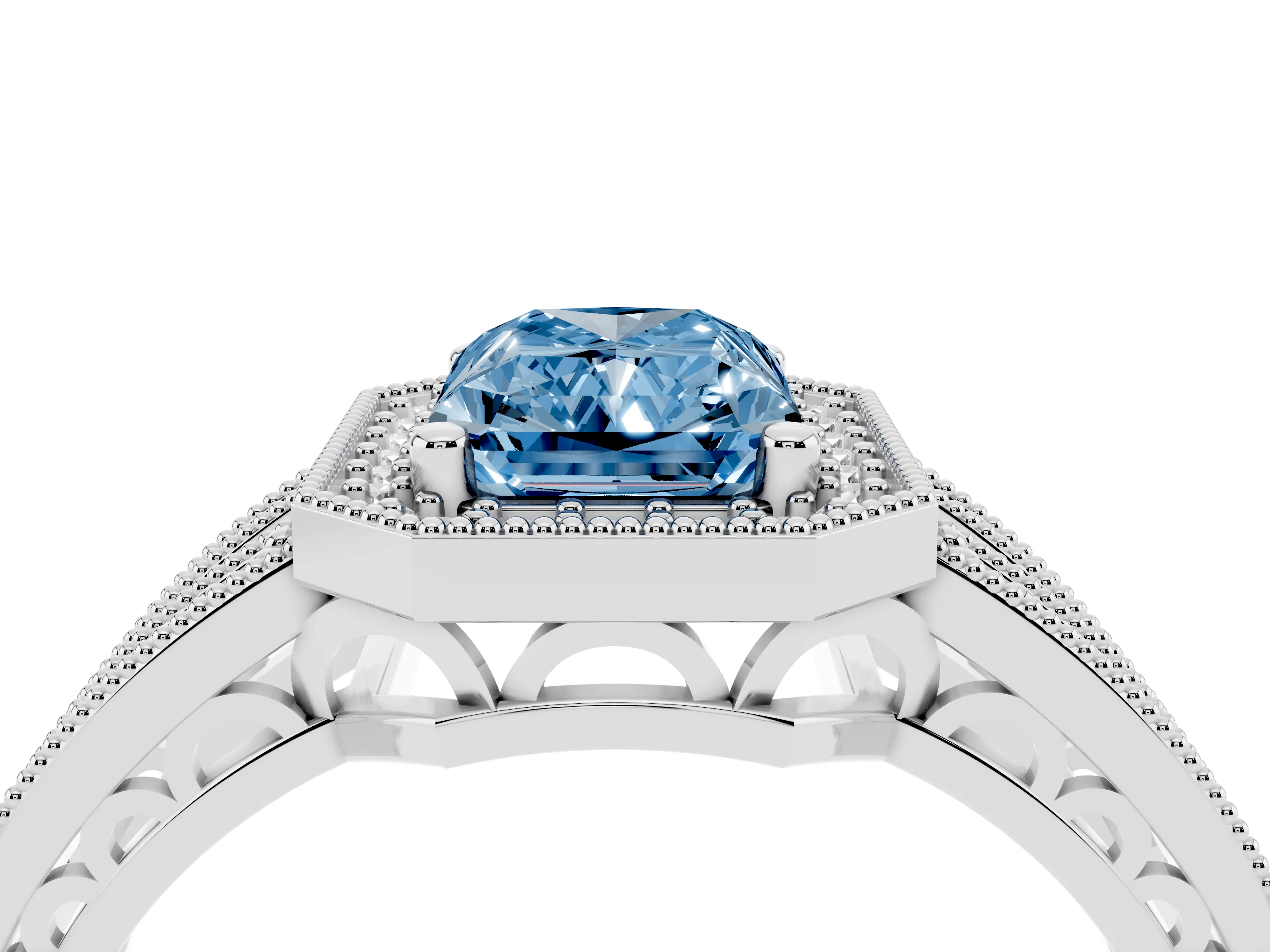 Fancy Blue Radiant Cut Diamond Halo Ring Set in Silver with Accent Split Shank and Prong Setting