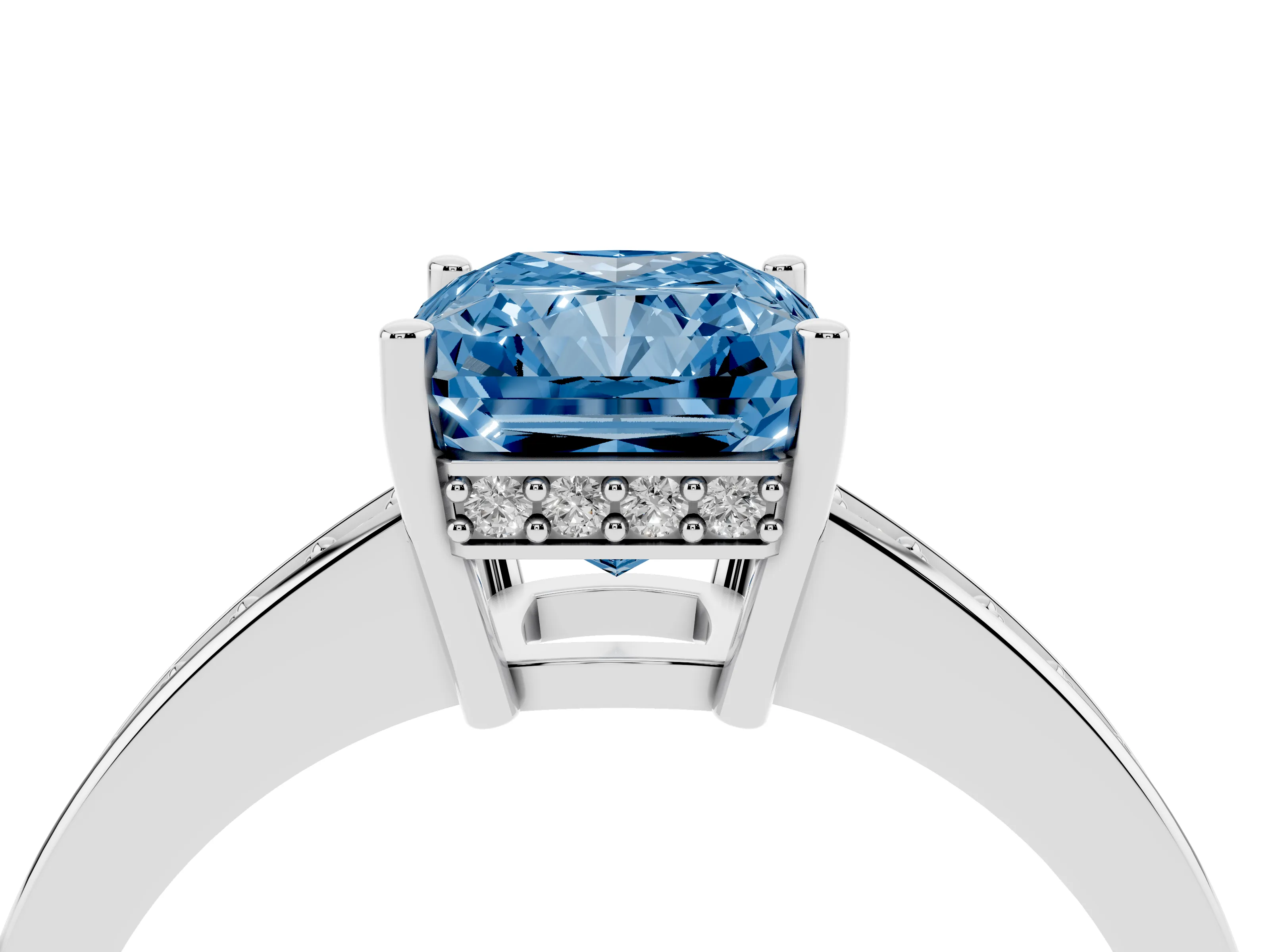 Fancy Blue Radiant Cut Diamond Pavé Band Prong Set Solitaire Ring Set in Silver