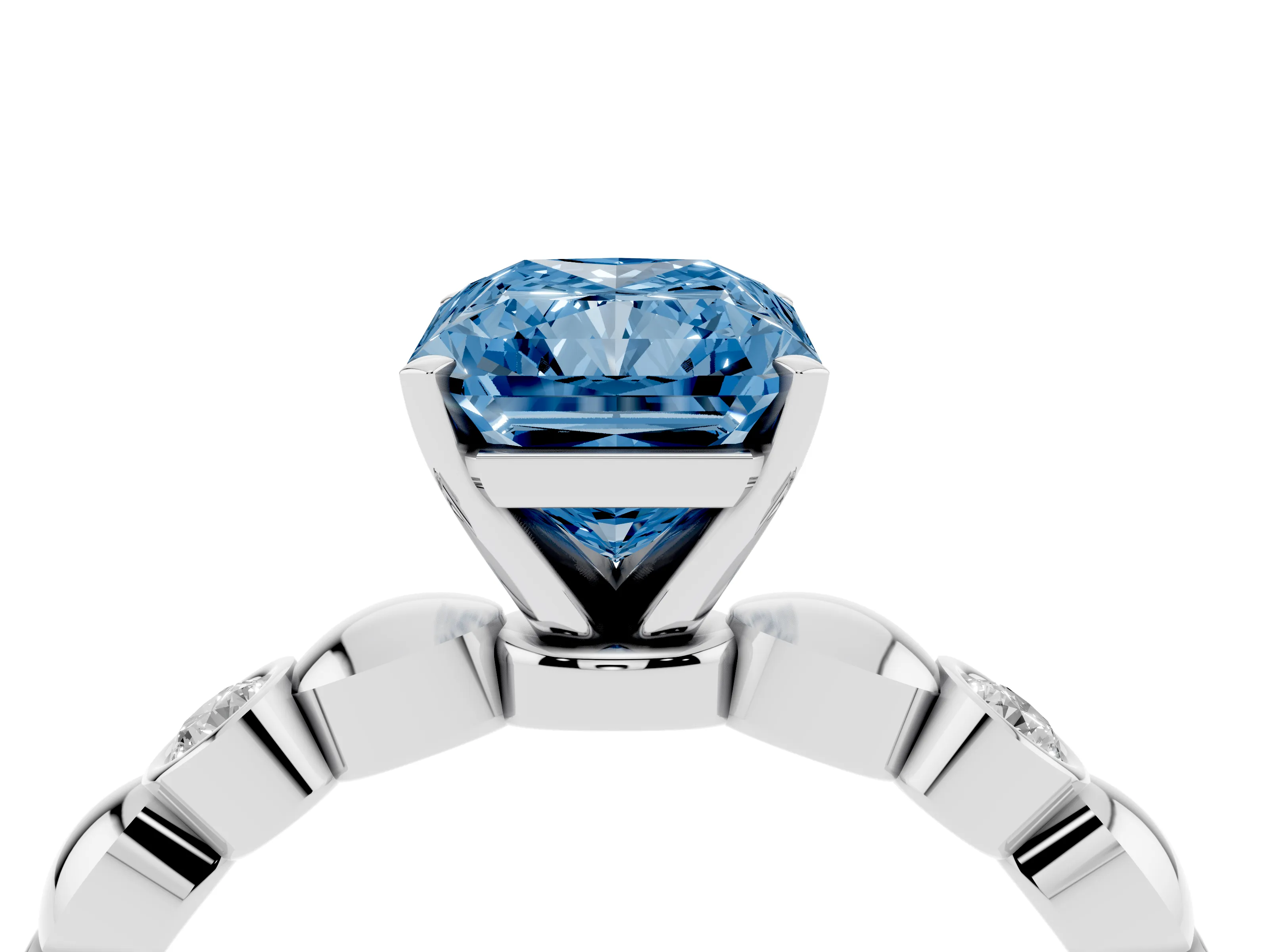 Fancy Blue Radiant Cut Diamond Solitaire Ring Set in White gold with Bezel-Set Accents on Beaded Band and Prong Setting