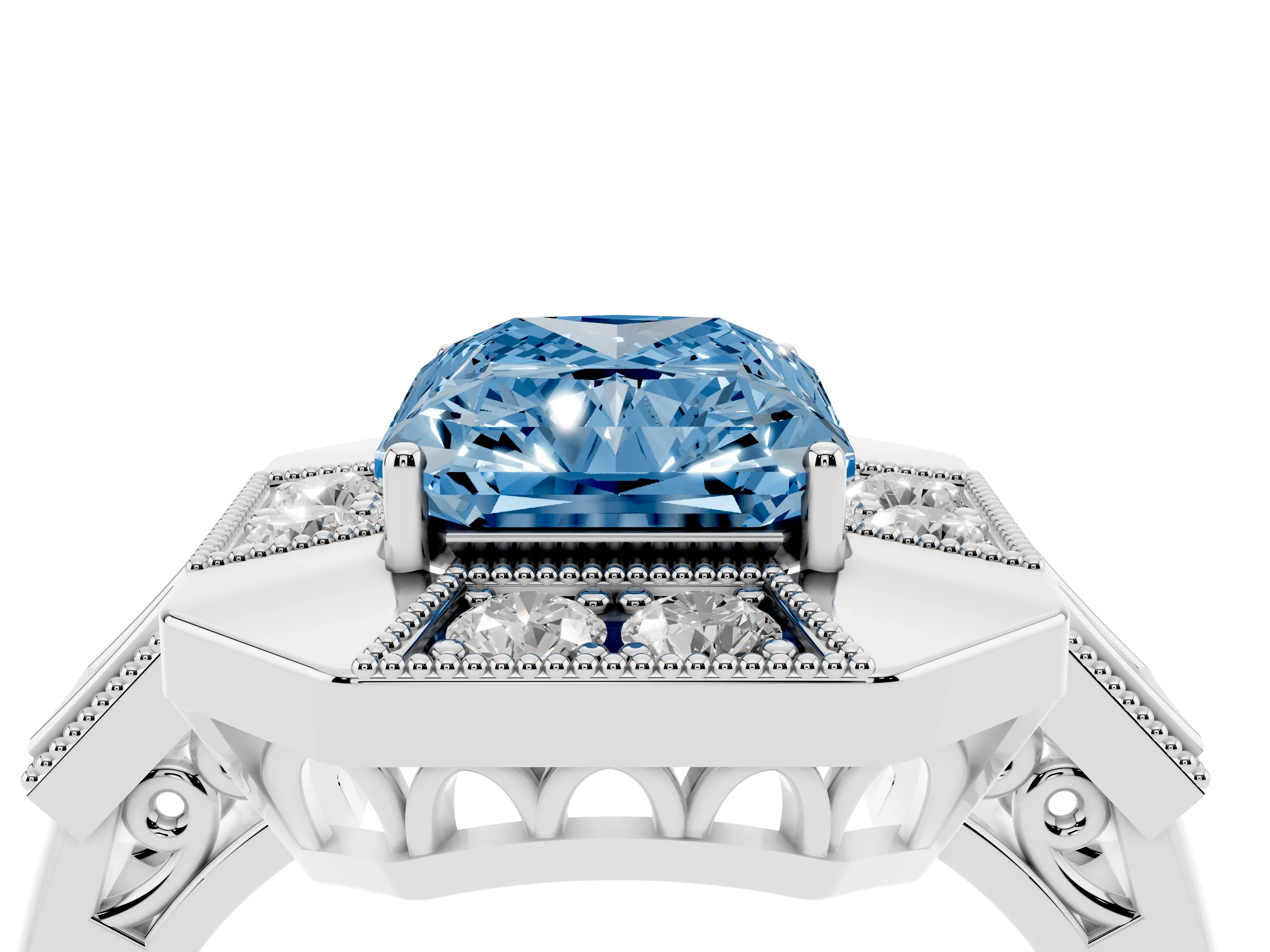 Fancy Blue Radiant Cut Diamond Milgrain Halo Ring Set in Platinum with Split Shank
