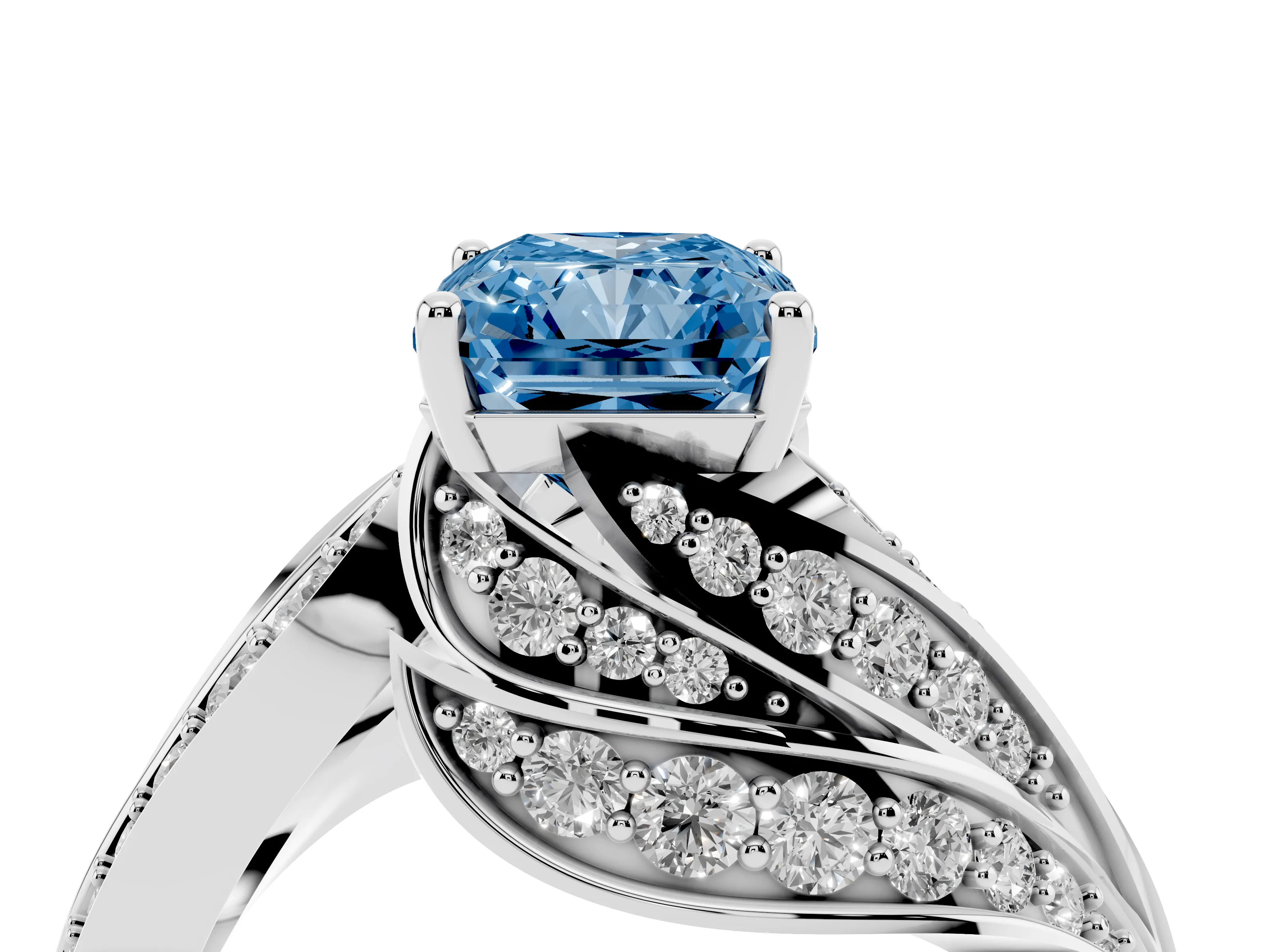Fancy Blue Radiant Cut Diamond Solitaire Ring Set in White gold with Layered Twist Pavé Band