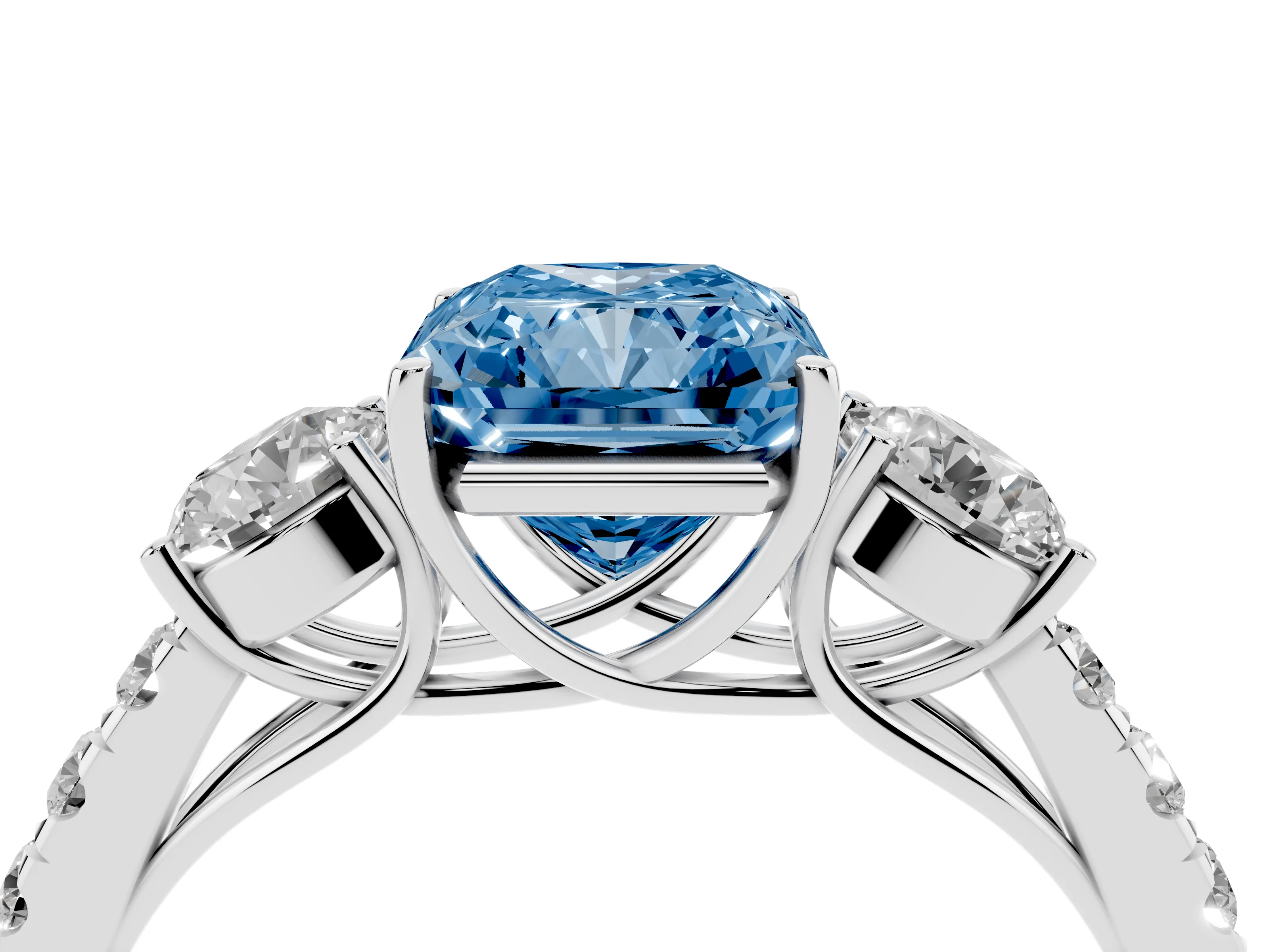 Fancy Blue Radiant Cut Diamond Three-Stone Ring Set in Silver with Round Side Stones and Delicate Pavé Band