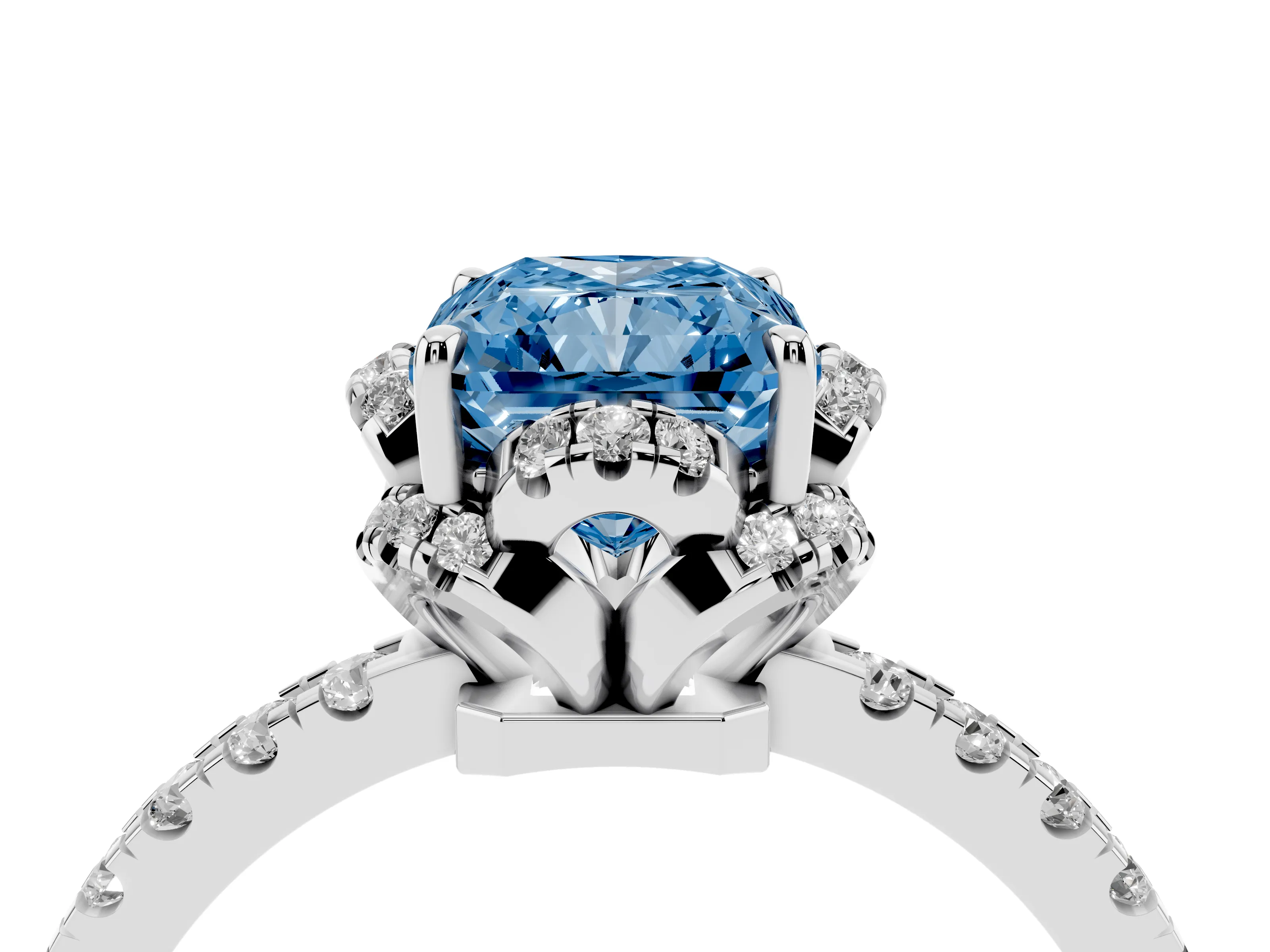 Fancy Blue Radiant Cut Diamond Halo Pavé Band Ring Set in Silver with Prong-Held Center