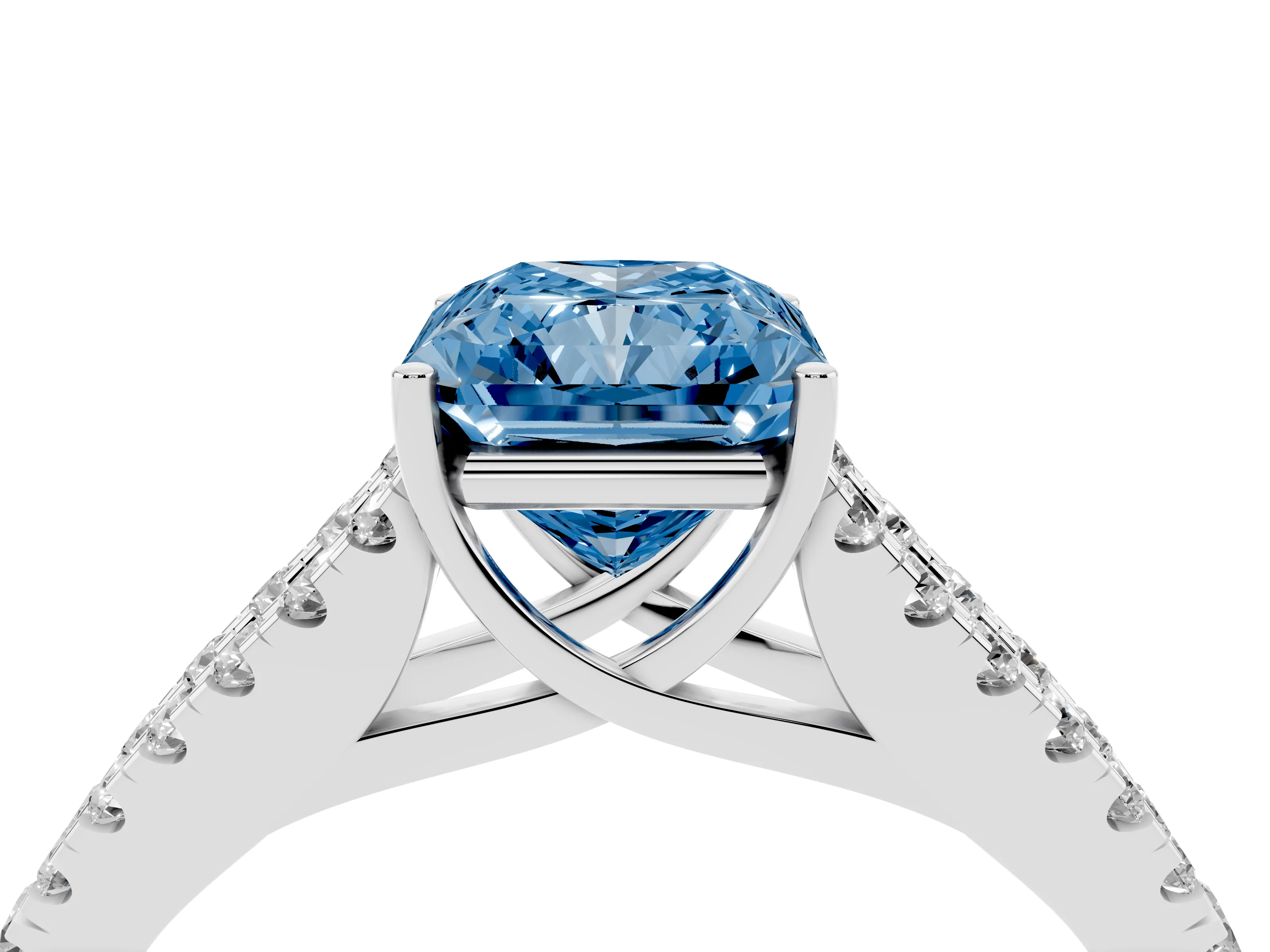 Fancy Blue Radiant Cut Diamond Split Shank Pavé Engagement Ring Set in Platinum with Prong-Held Center Stone