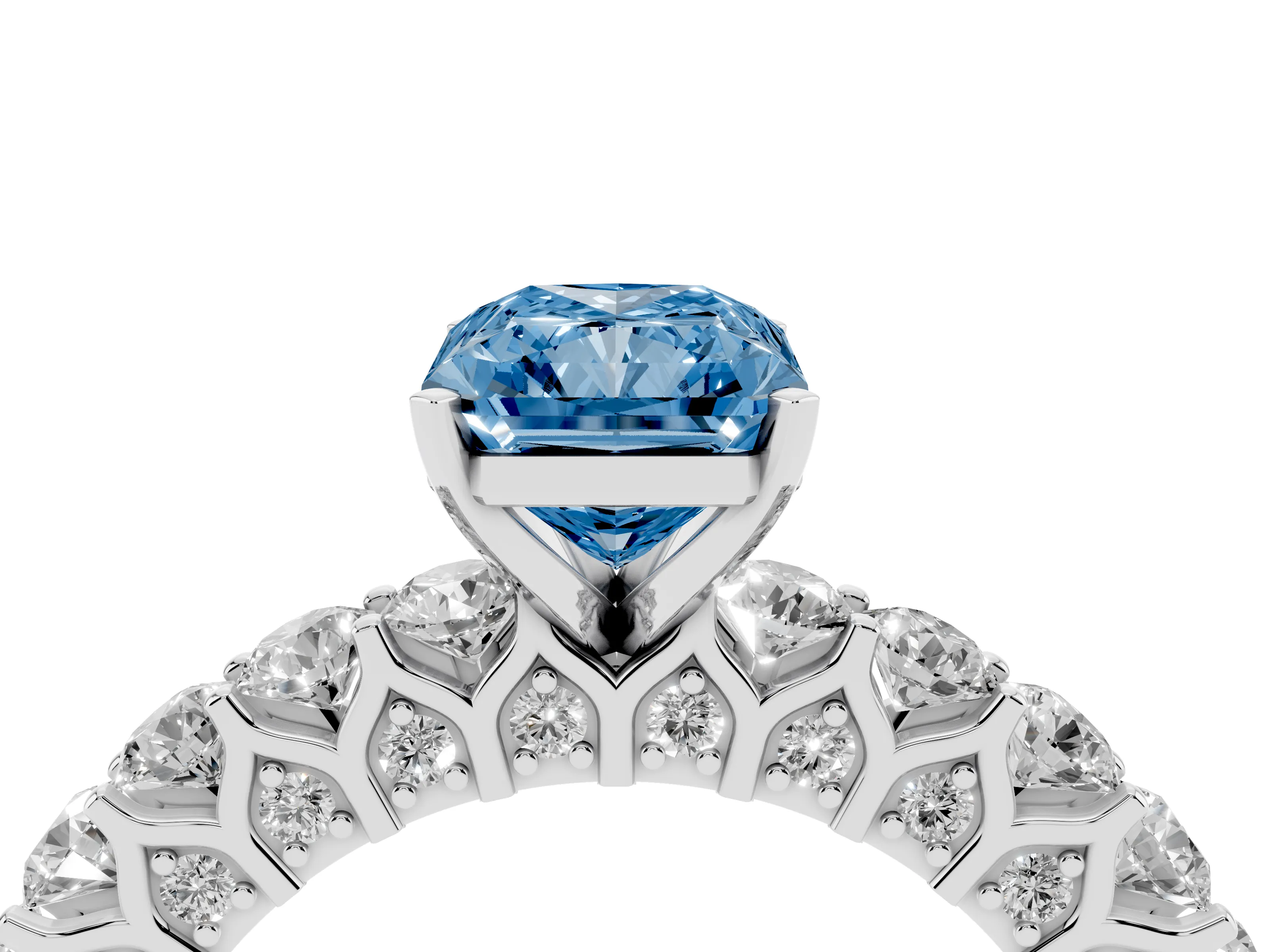 Fancy Blue Radiant Cut Diamond Solitaire Ring Set in Platinum with Shared Prong Pavé Band