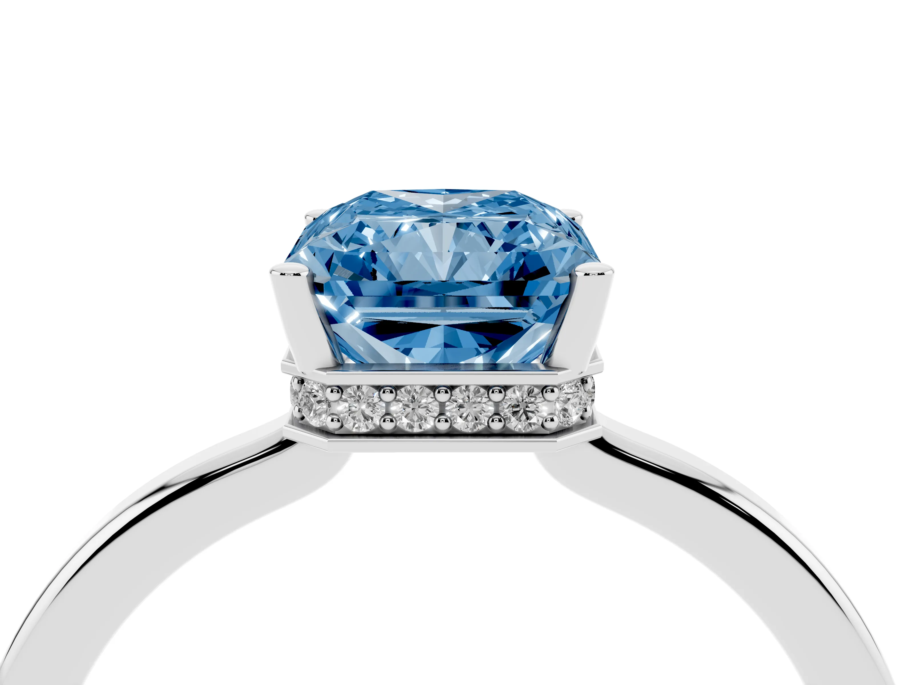 Fancy Blue Radiant Cut Diamond Solitaire Engagement Ring Set in Silver with Prong Setting on a Plain Band