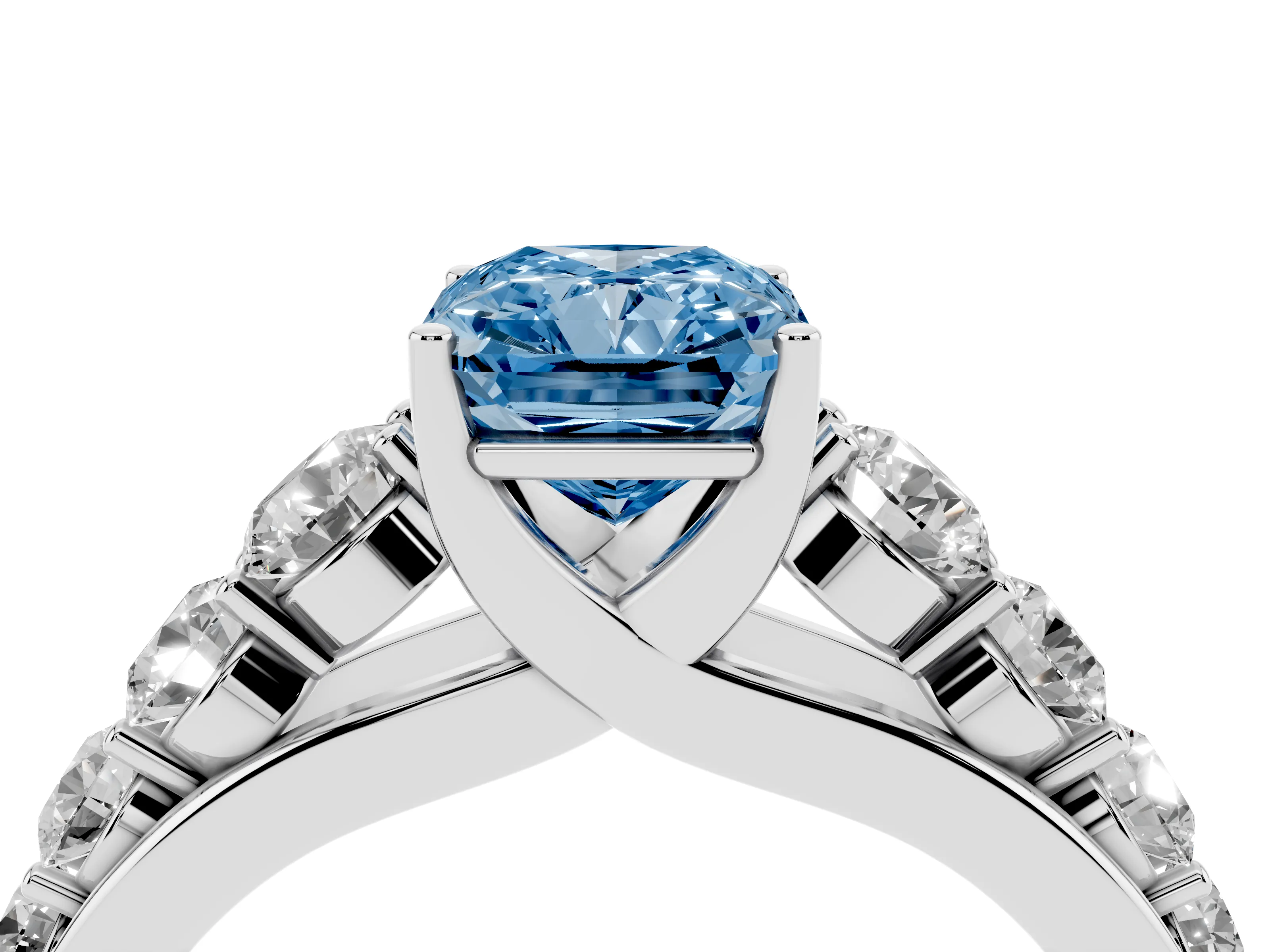 Fancy Blue Radiant Cut Diamond Solitaire Ring Set in Silver with Pavé-Set Band and Prong Setting