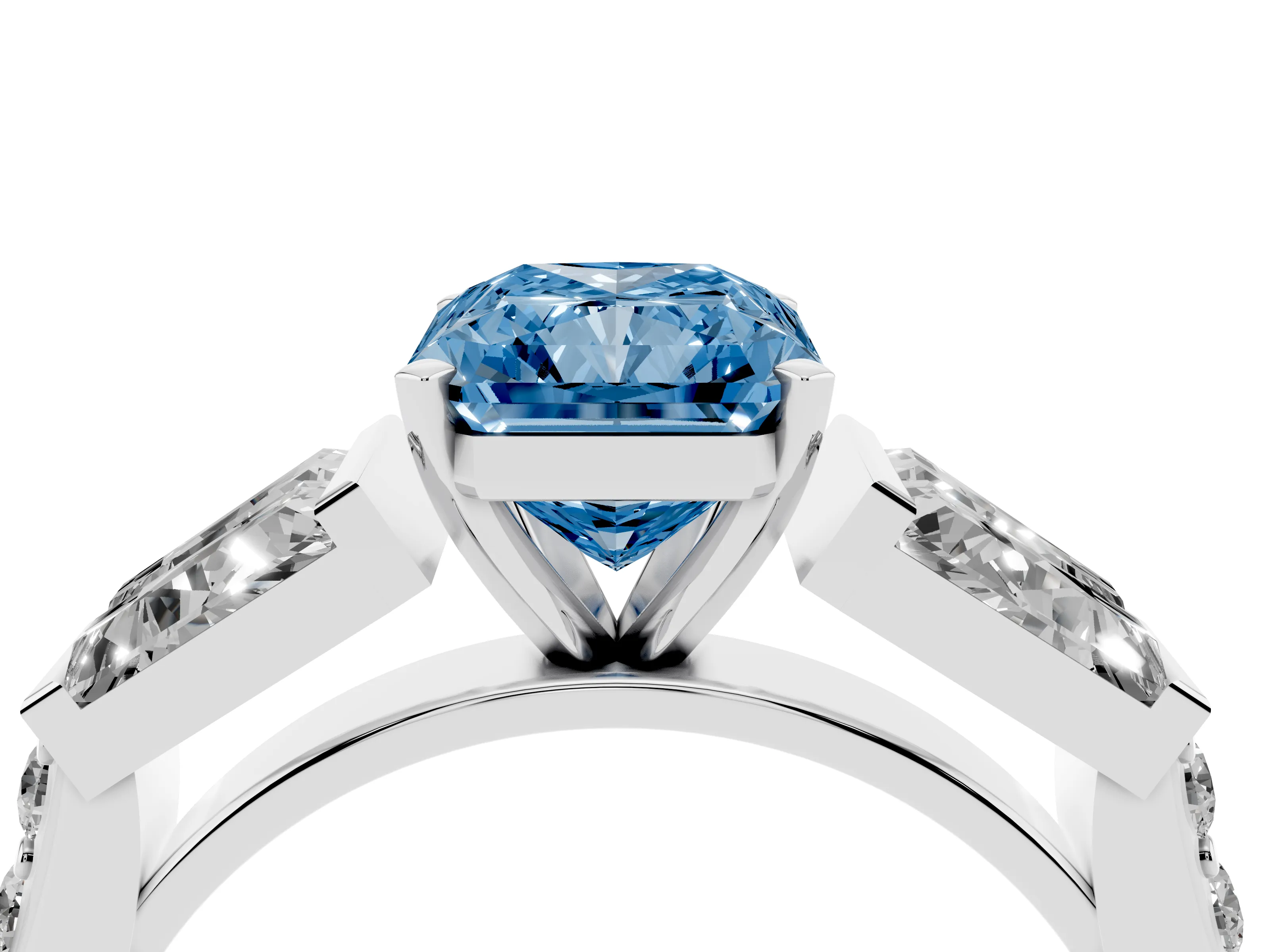 Fancy Blue Radiant Cut Diamond Engagement Ring Set in Silver with Baguette Side Stones and Channel Set Band