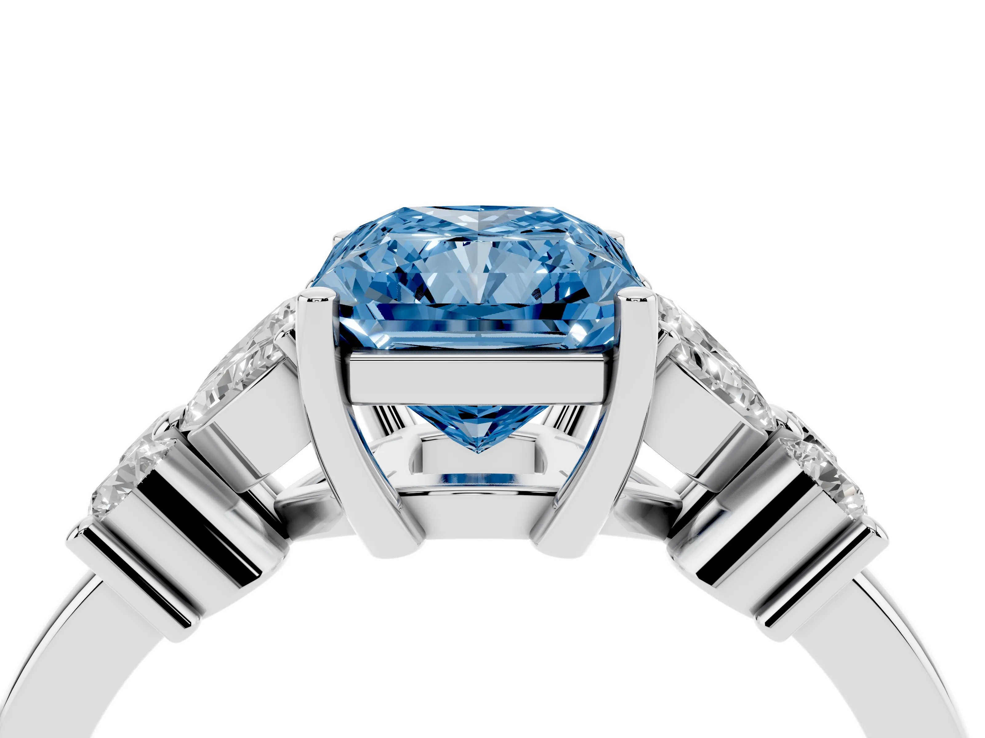 Fancy Blue Radiant Cut Diamond Floral Cluster Ring Set in Silver with Marquise Petals and Prong Setting