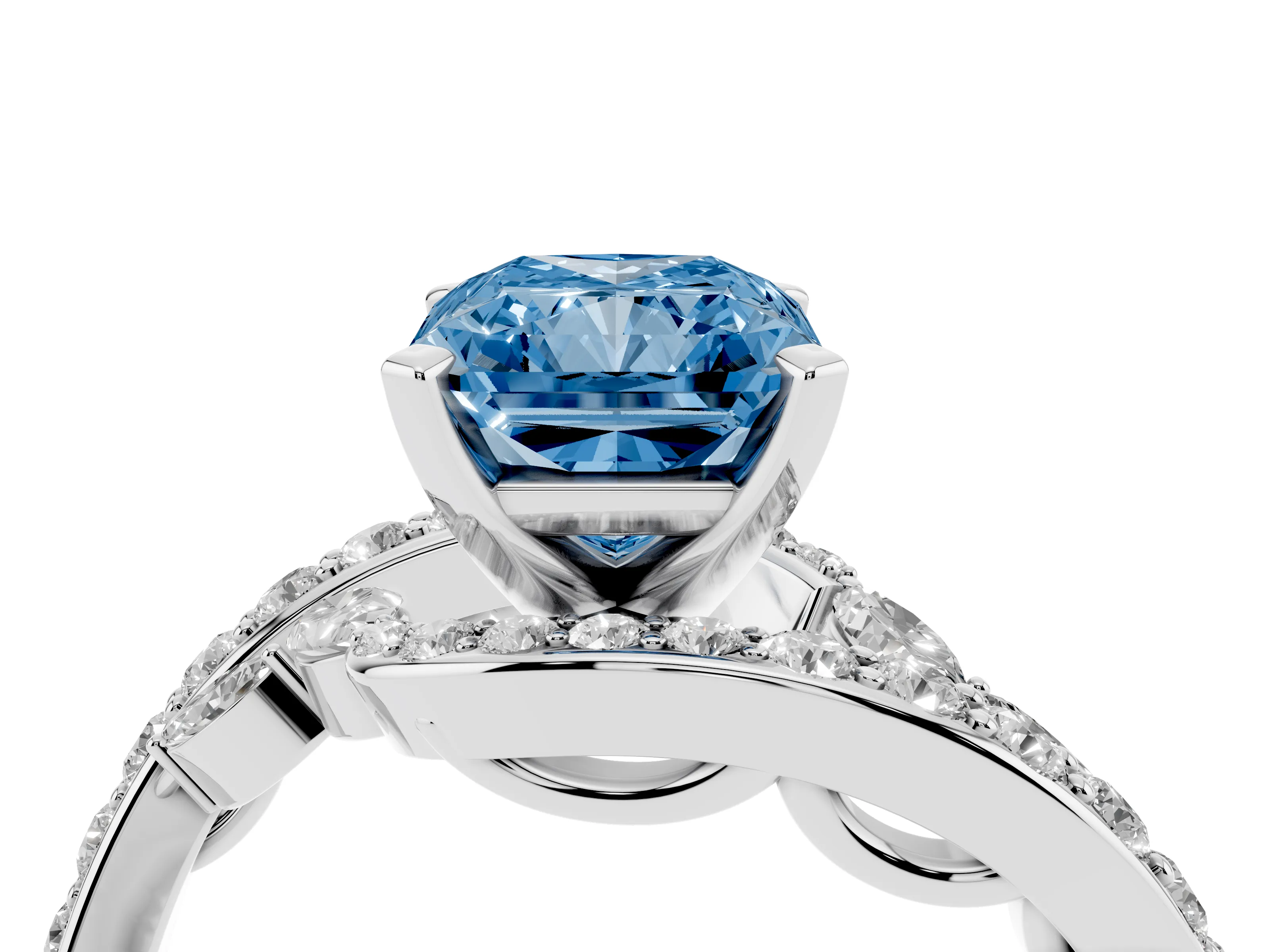 Fancy Blue Radiant Cut Diamond Solitaire Ring Set in Platinum with Pavé Twist Band and Secure Prong Setting