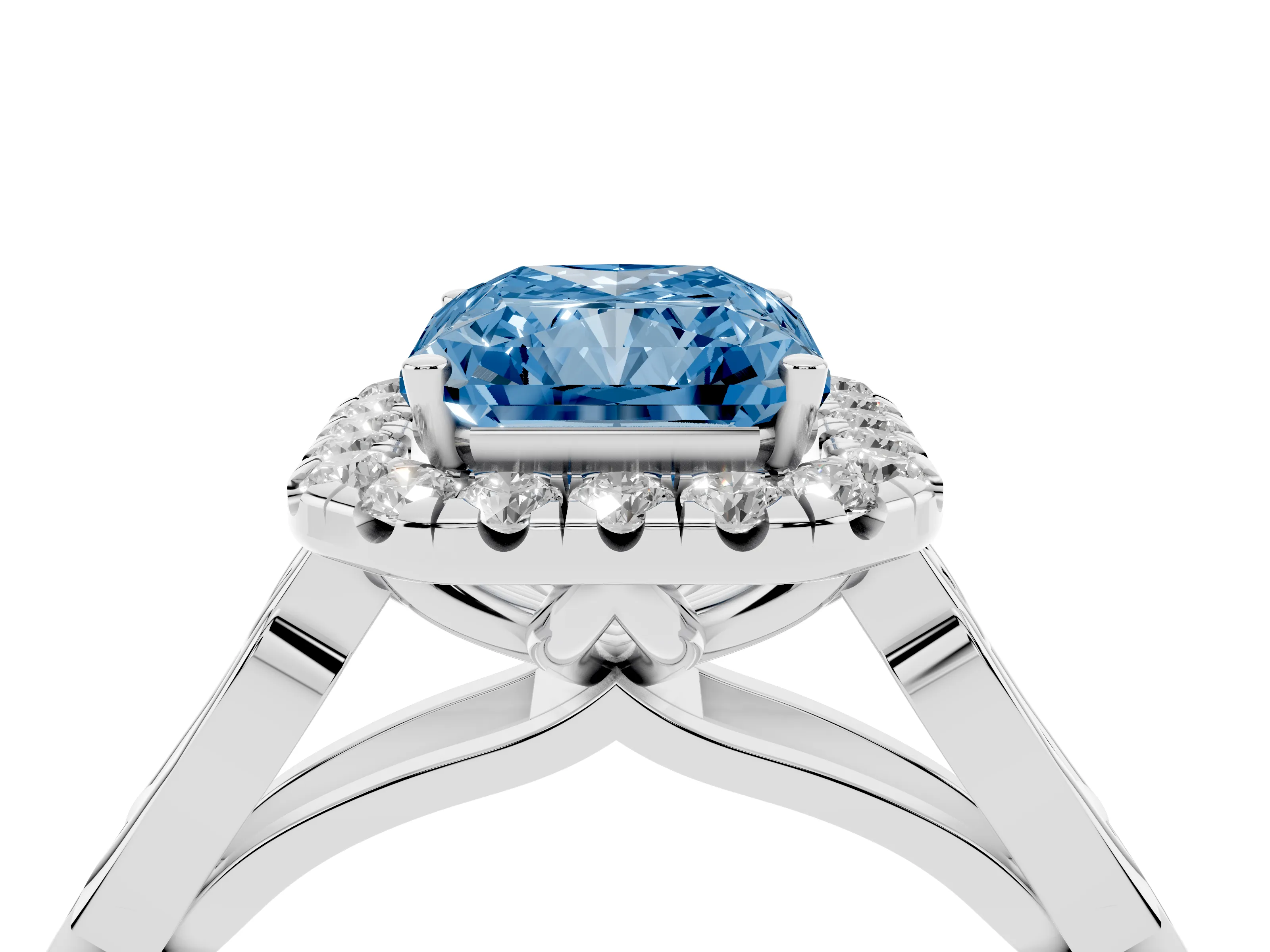 Fancy Blue Radiant Cut Diamond Halo Engagement Ring Set in White gold with Filigree Band and Prong-Set Center