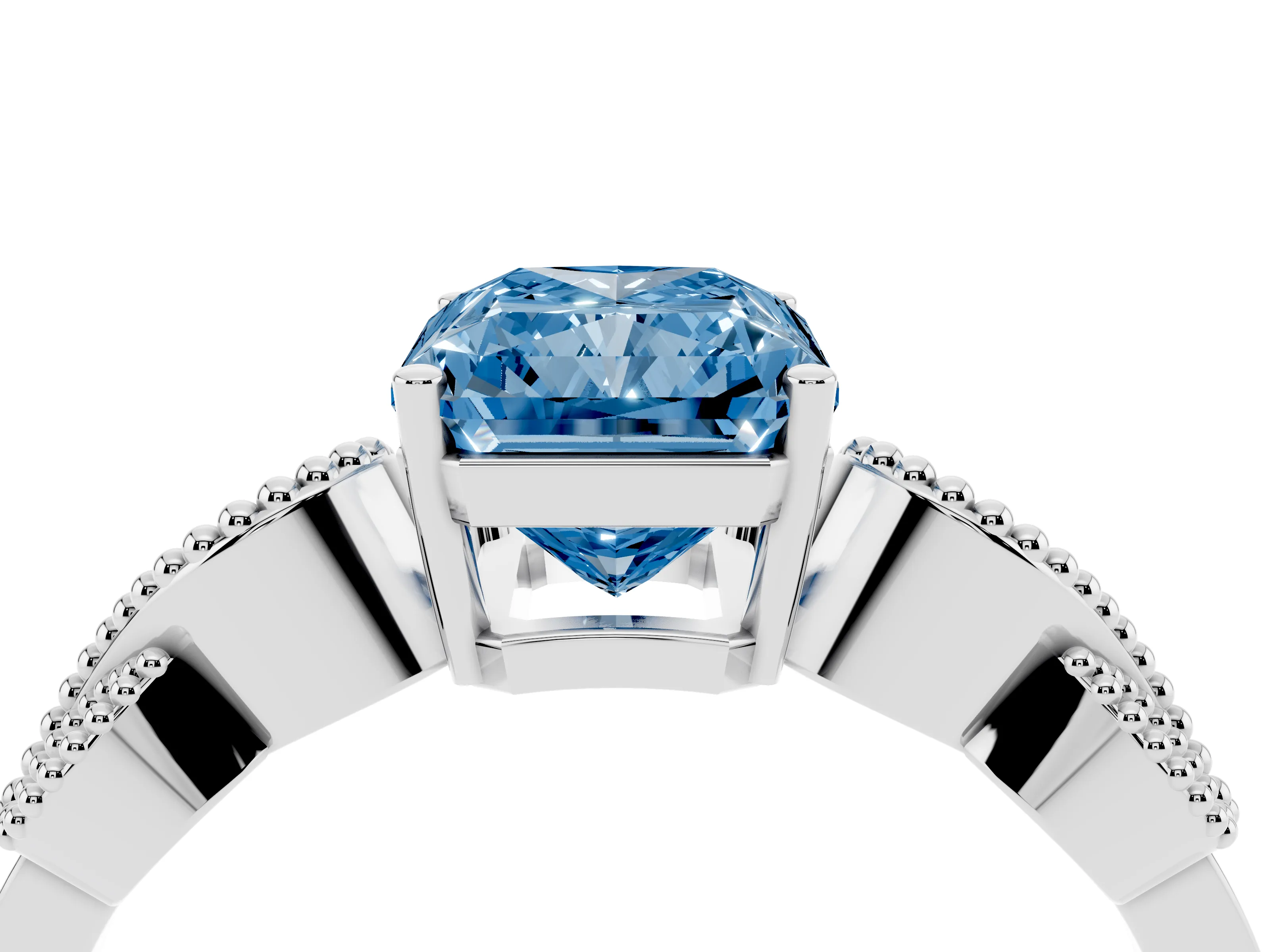 Fancy Blue Radiant Cut Diamond Milgrain Leaf Band Solitaire Ring Set in Platinum with Accent Stones and Prong Setting