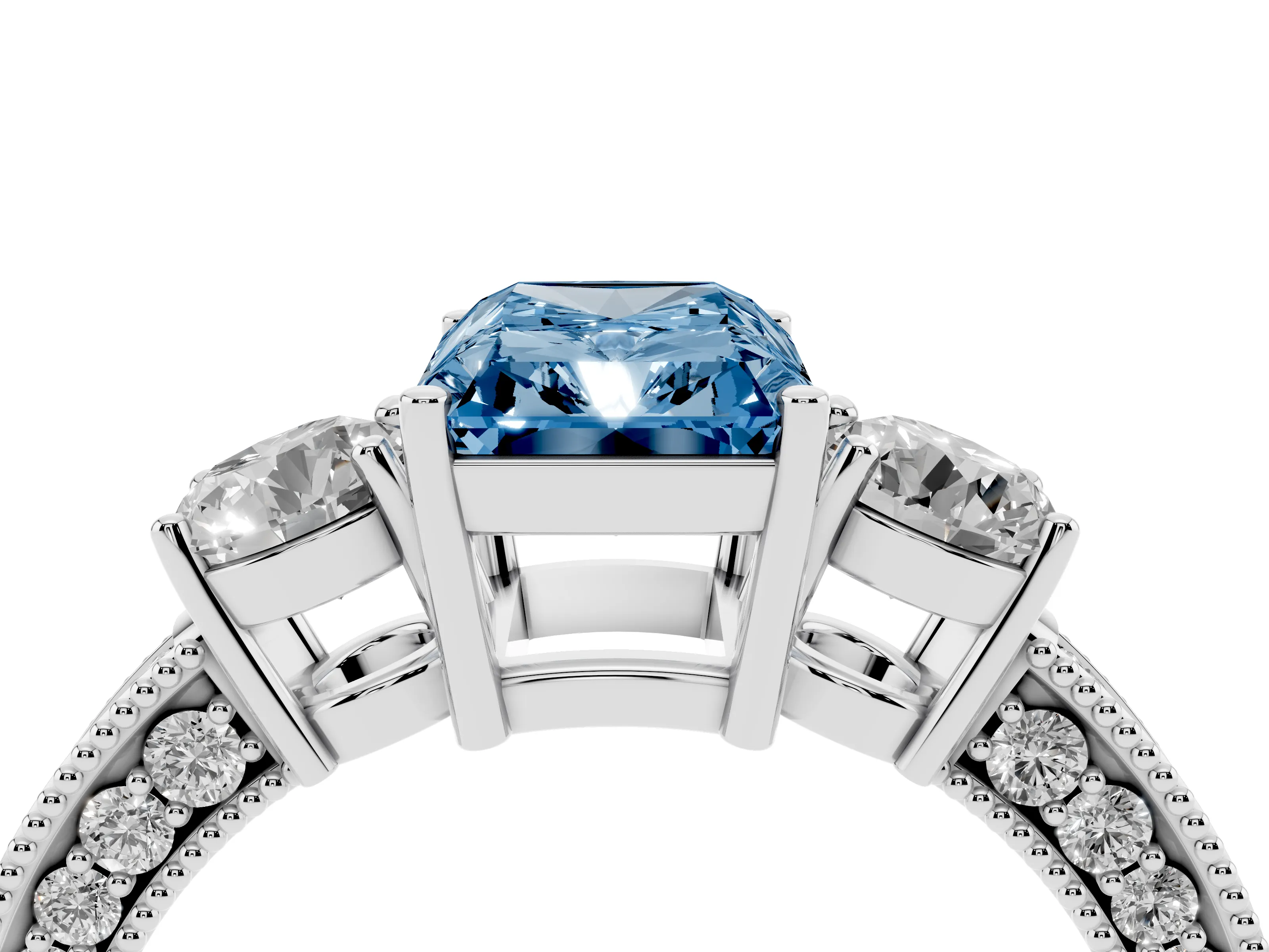 Fancy Blue Radiant Cut Diamond Three-Stone Ring Set in Platinum with Round Side Stones and Pavé Band