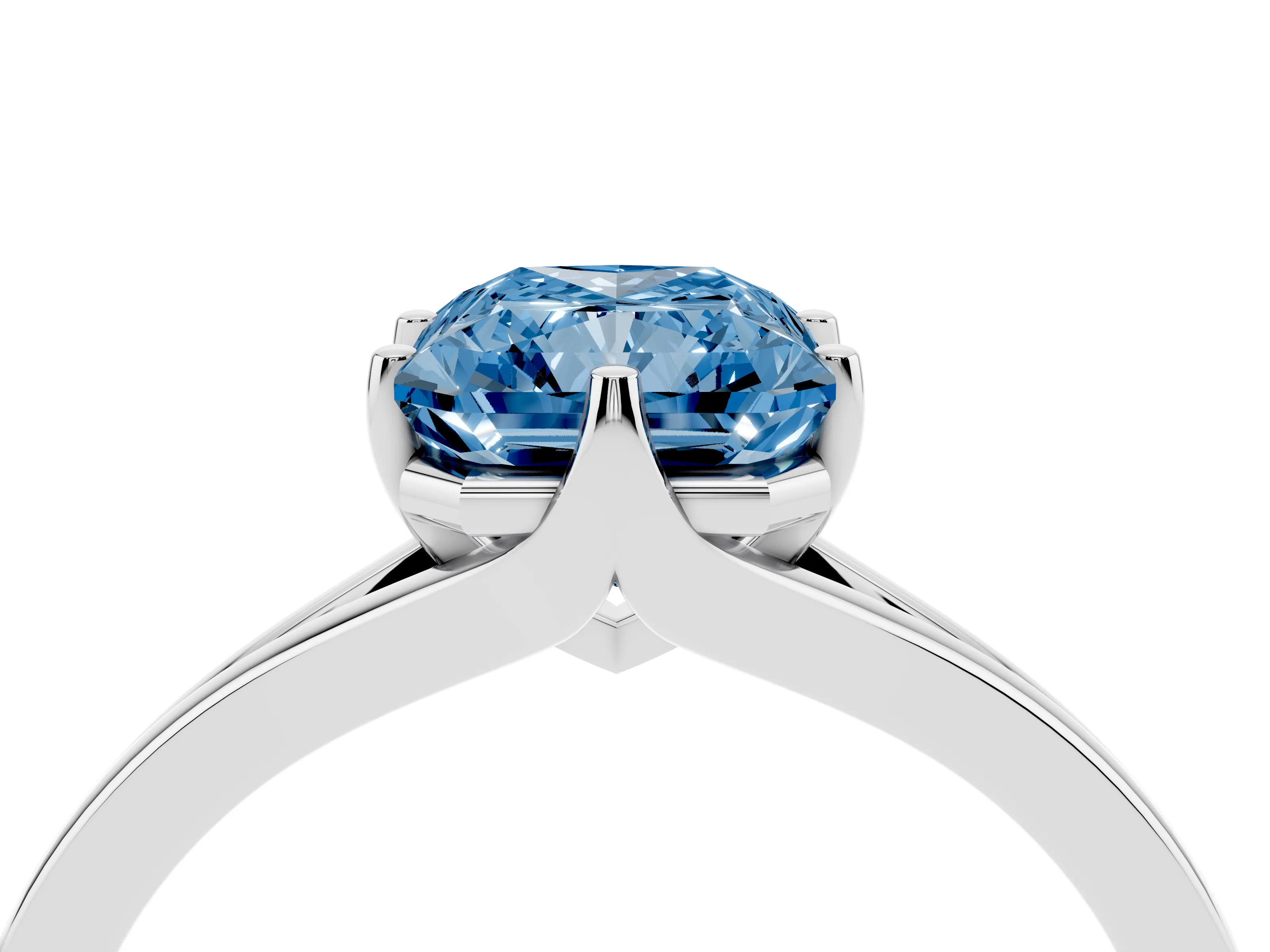 Fancy Blue Radiant Cut Diamond Solitaire Ring Set in White gold with Polished Tapered Band and Prong Setting