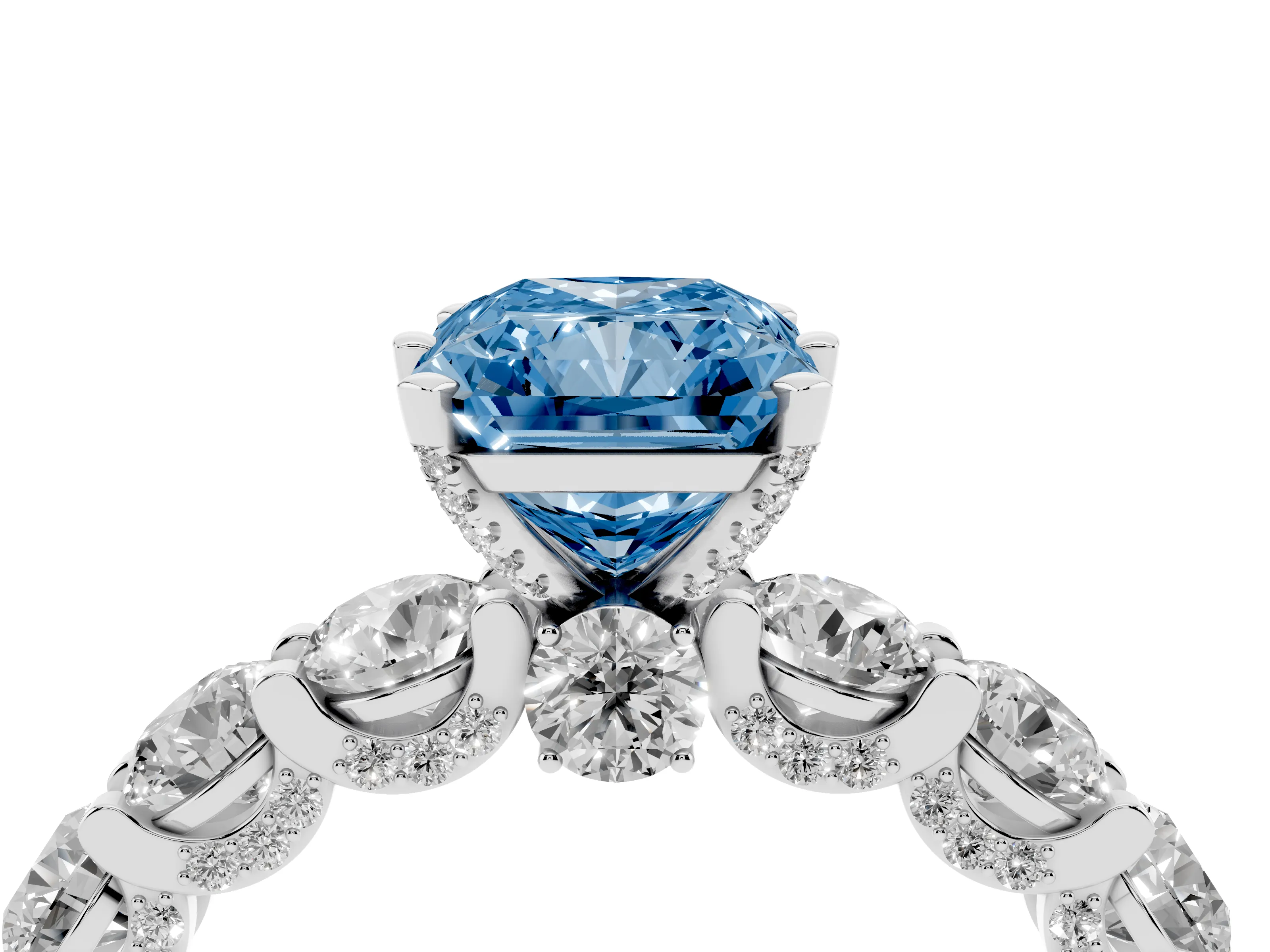 Fancy Blue Radiant Cut Diamond Side Stone Ring Set in Platinum with Alternating Round and Oval Side Stones