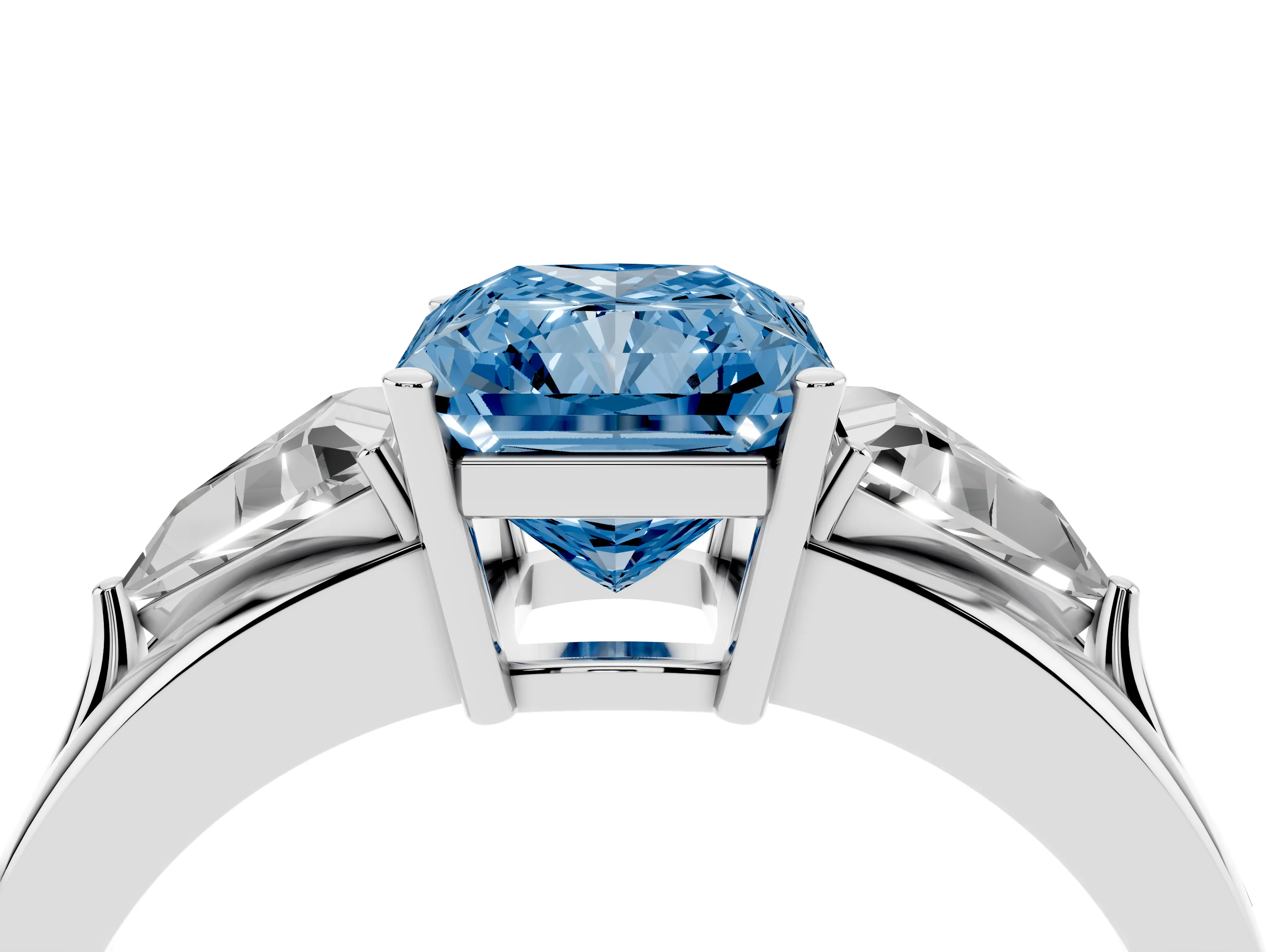 Fancy Blue Radiant Cut Diamond Three-Stone Ring Set in Silver with Trillion Side Stones and Split Shank