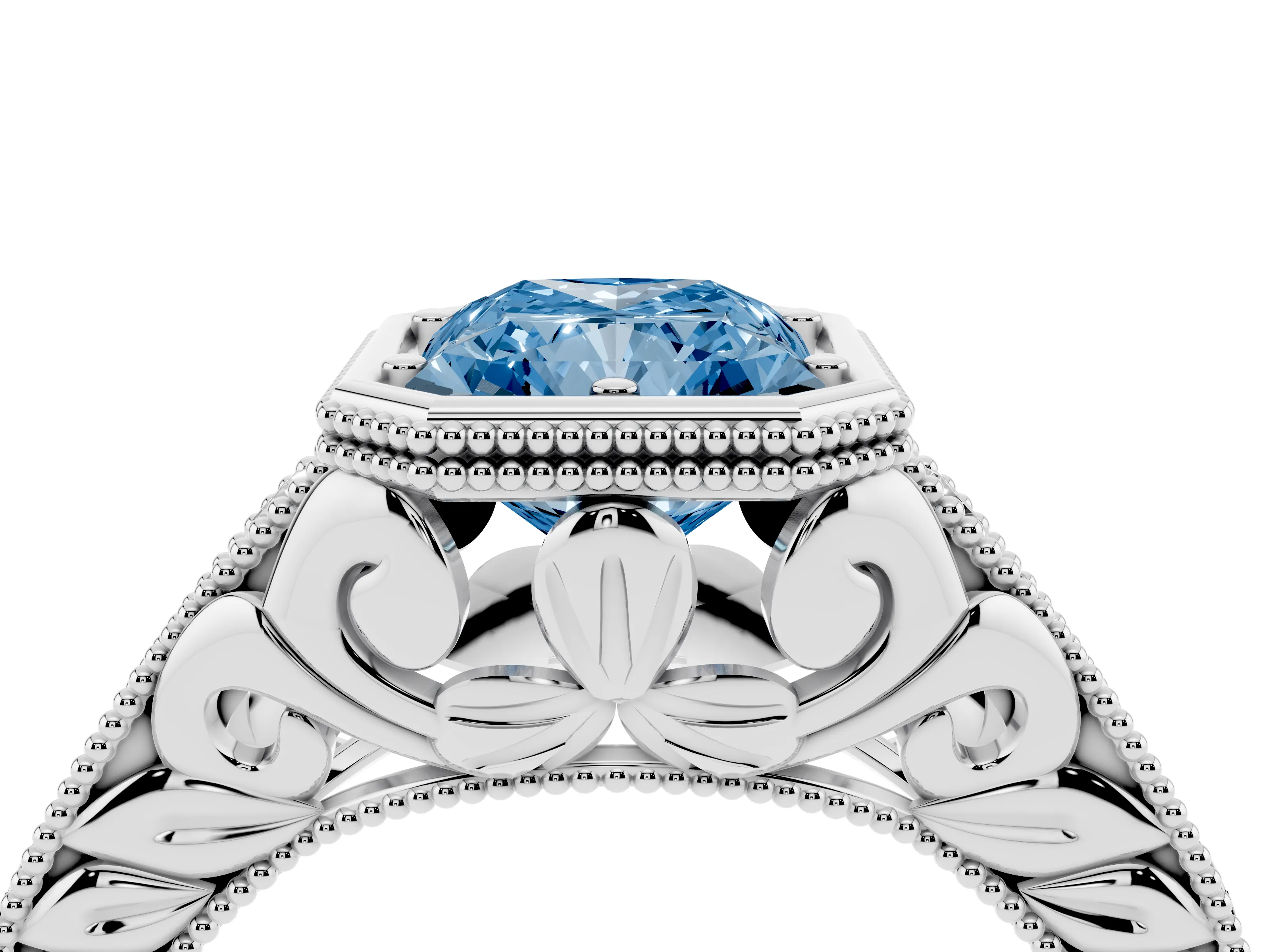 Fancy Blue Bezel Set Radiant Cut Diamond Milgrain Pavé Engagement Ring Set in Platinum
