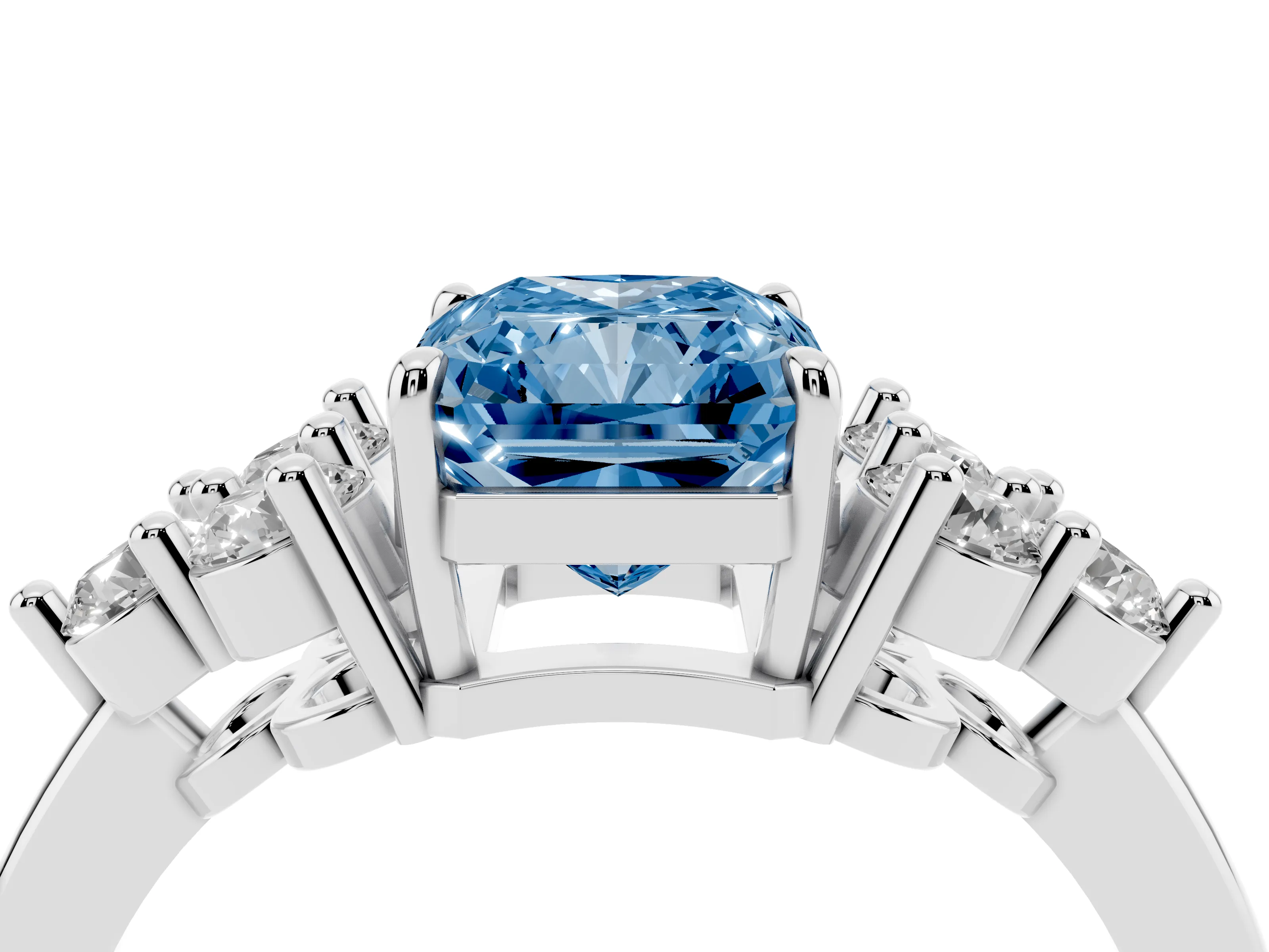 Fancy Blue Radiant Cut Diamond Solitaire Ring Set in White gold with Cluster Accents on Each Side