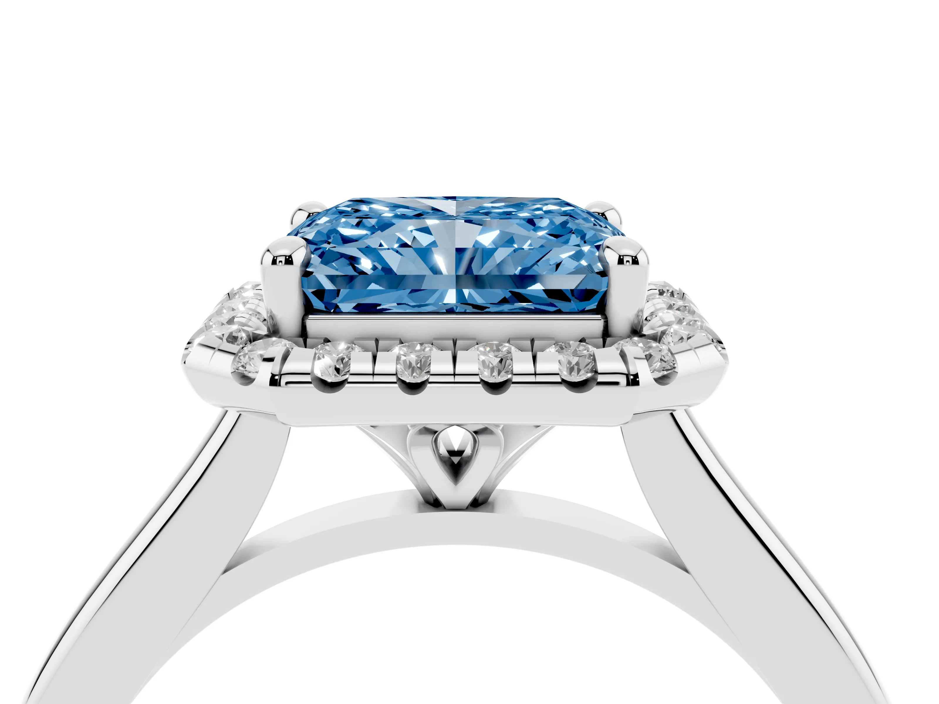 Fancy Blue Radiant Cut Diamond Halo Engagement Ring Set in Silver with Pavé Band and Rising Shoulders
