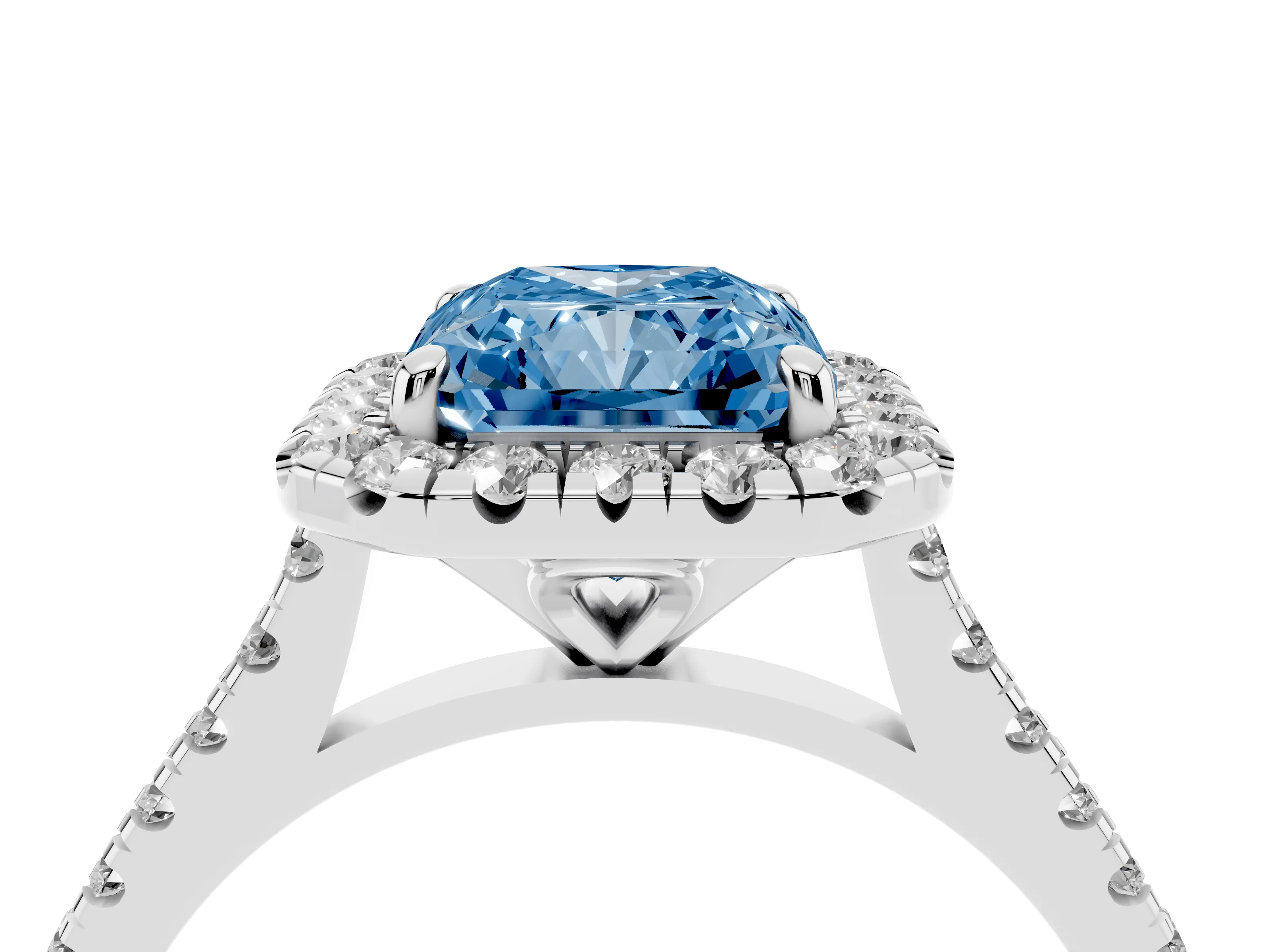 Fancy Blue Radiant Cut Diamond Cushion Halo Ring Set in White gold with Pavé Band
