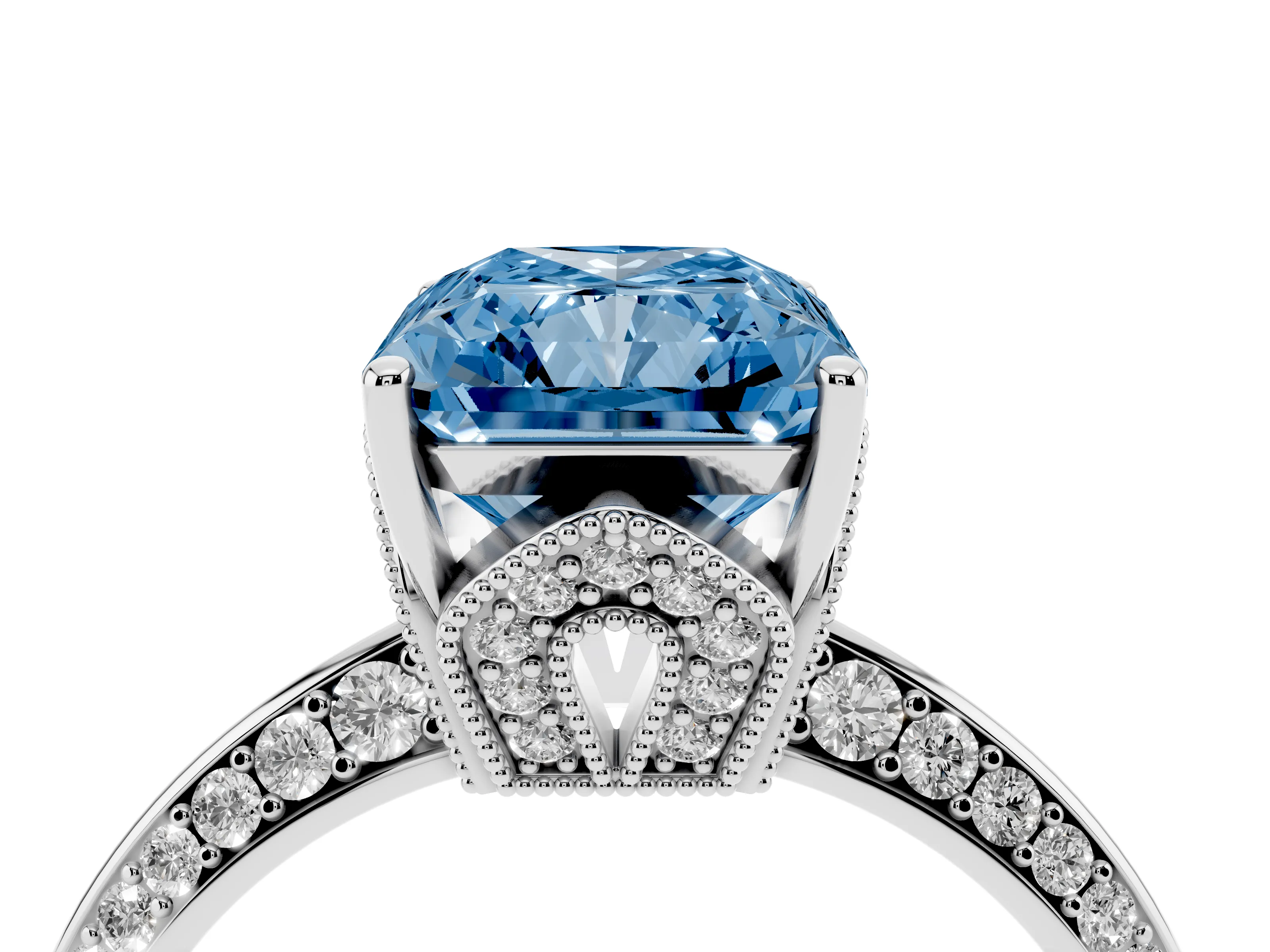 Fancy Blue Radiant Cut Diamond Solitaire Engagement Ring Set in Silver with Pavé Split Shank and Prong Setting