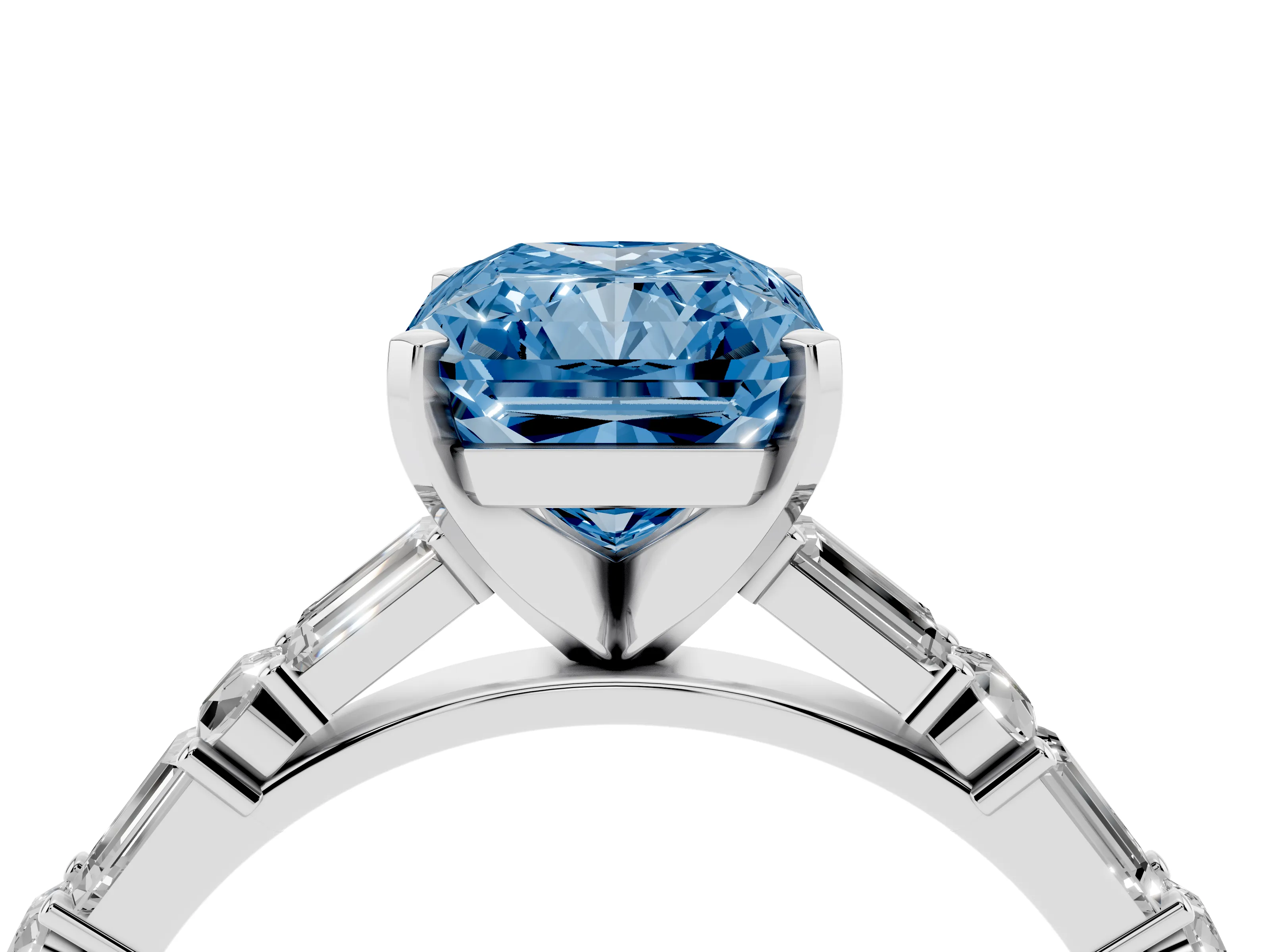 Fancy Blue Radiant Cut Diamond Solitaire Set in Platinum with Side Baguettes and Channel Set Band