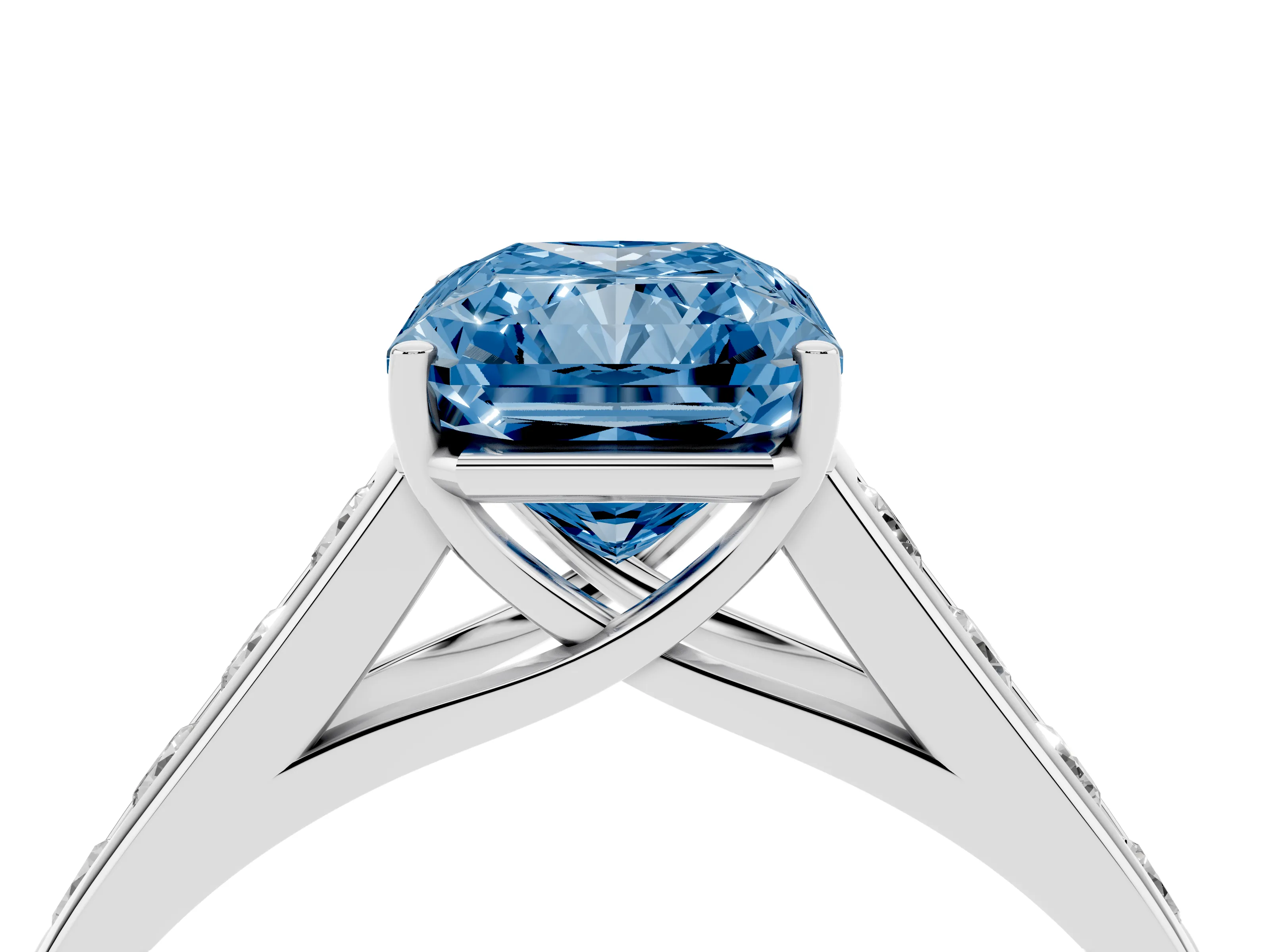 Fancy Blue Radiant Cut Diamond Brilliant Channel-Set Solitaire Ring Set in White gold with Prong Setting