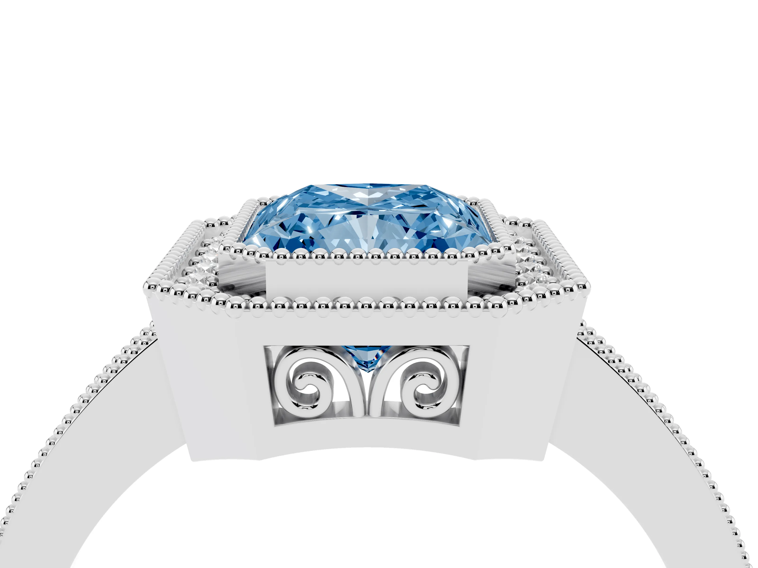 Fancy Blue Radiant Cut Diamond Halo Ring Set in White gold with Pavé Band and Milgrain-Edged Prongs