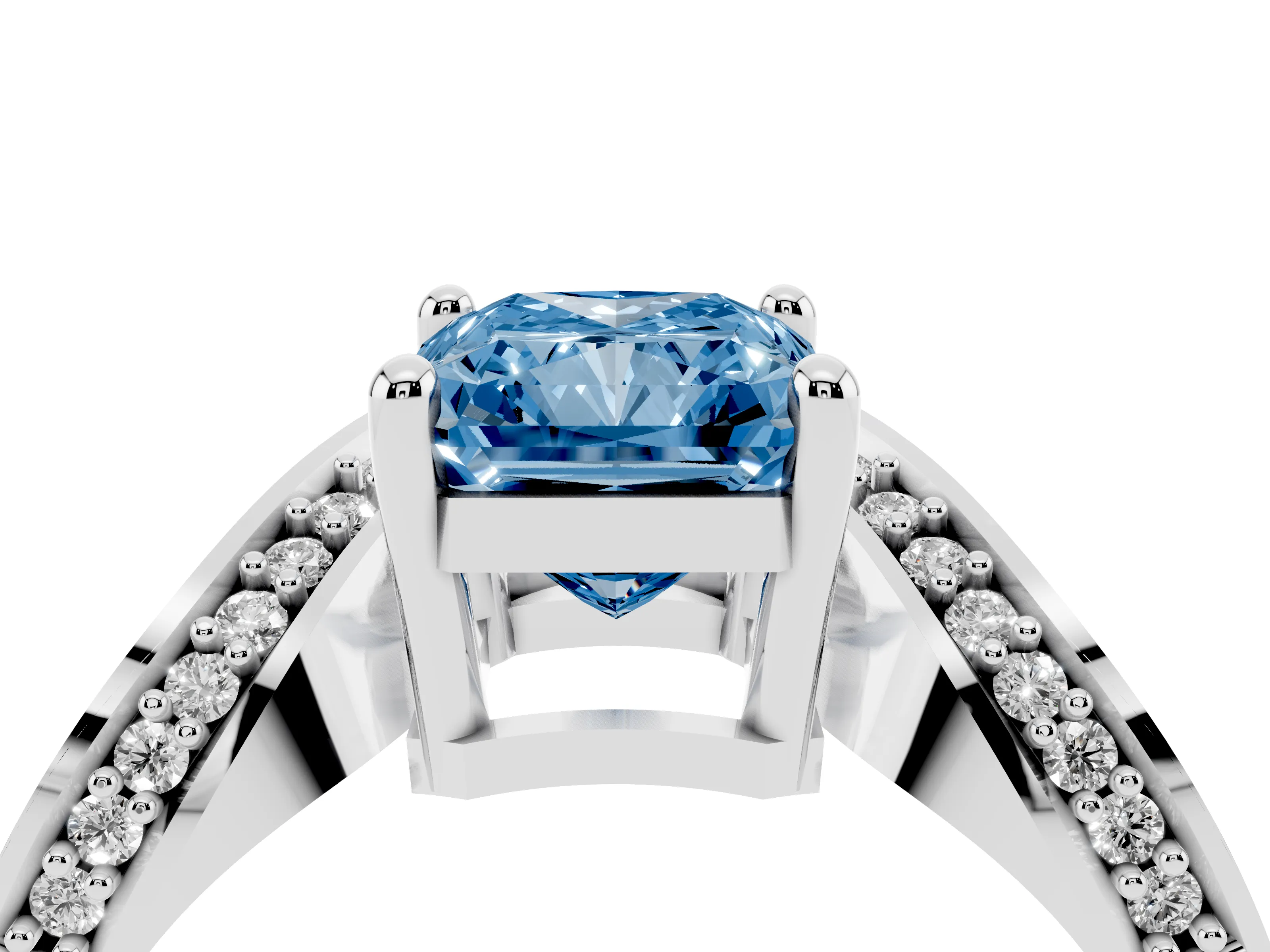 Fancy Blue Radiant Cut Diamond Solitaire Engagement Ring Set in Platinum with Pavé Shoulders