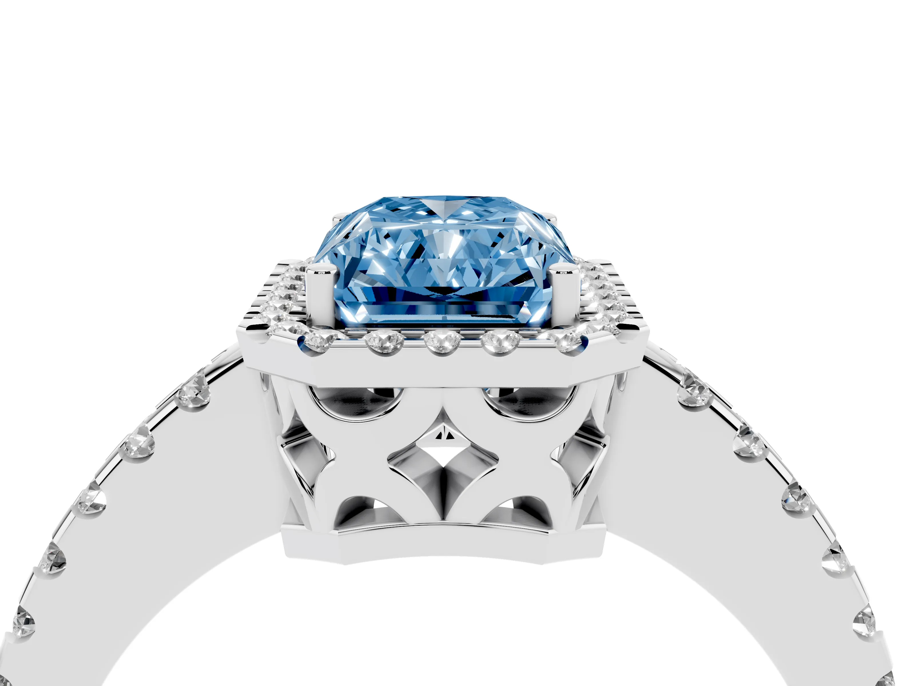 Fancy Blue Radiant Cut Diamond Halo Ring Set in Platinum with Pavé Shoulders and Halo-Framed Center