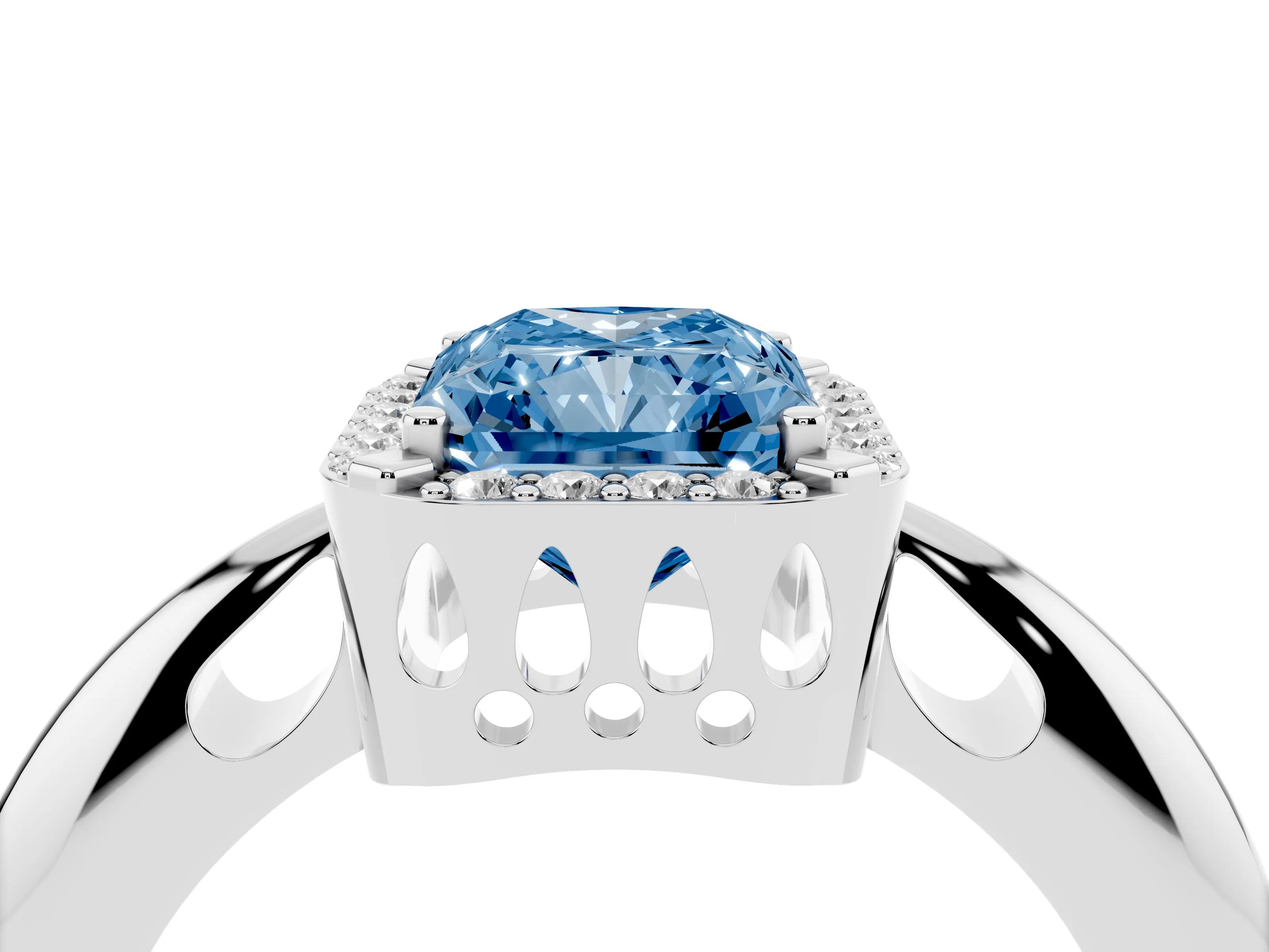 Fancy Blue Radiant Cut Diamond Halo Engagement Ring Set in Platinum with Plain Split Shank and Prong Setting