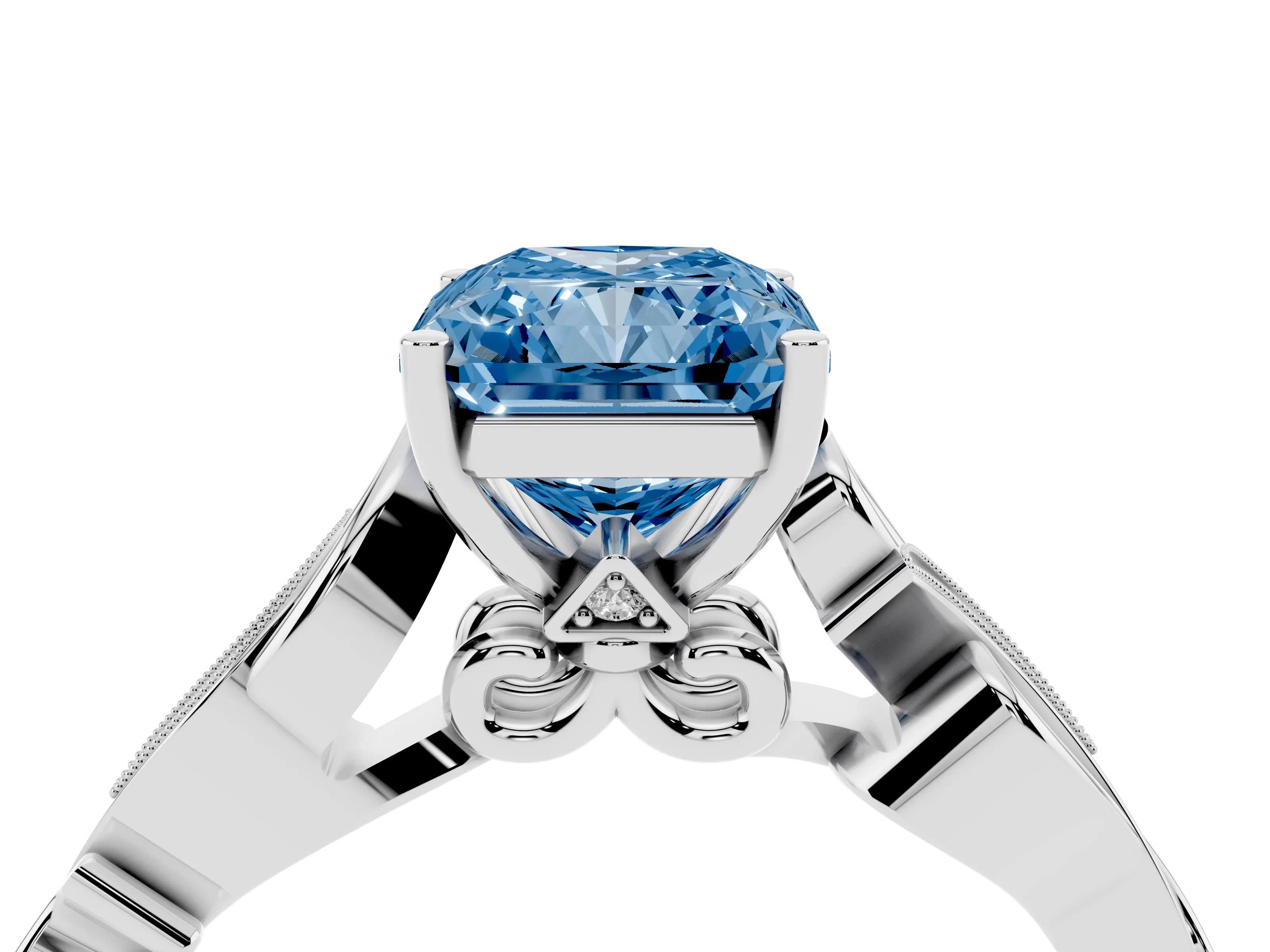 Fancy Blue Radiant Cut Diamond Vine Band Solitaire Ring Set in Platinum with Milgrain Prong Setting