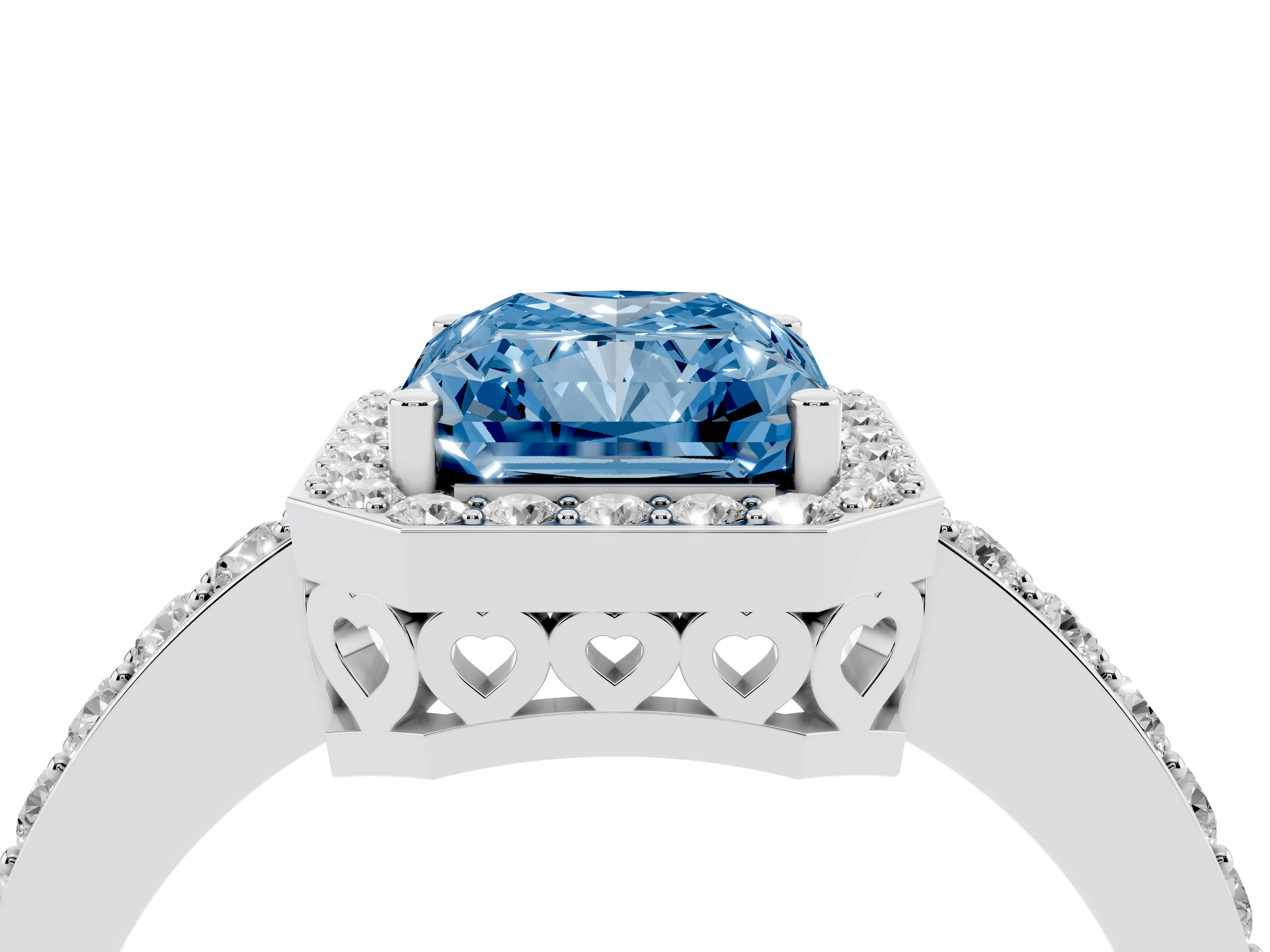 Fancy Blue Radiant Cut Diamond Halo Ring Set in White gold with Pavé-Setting Band and Open Prong Center