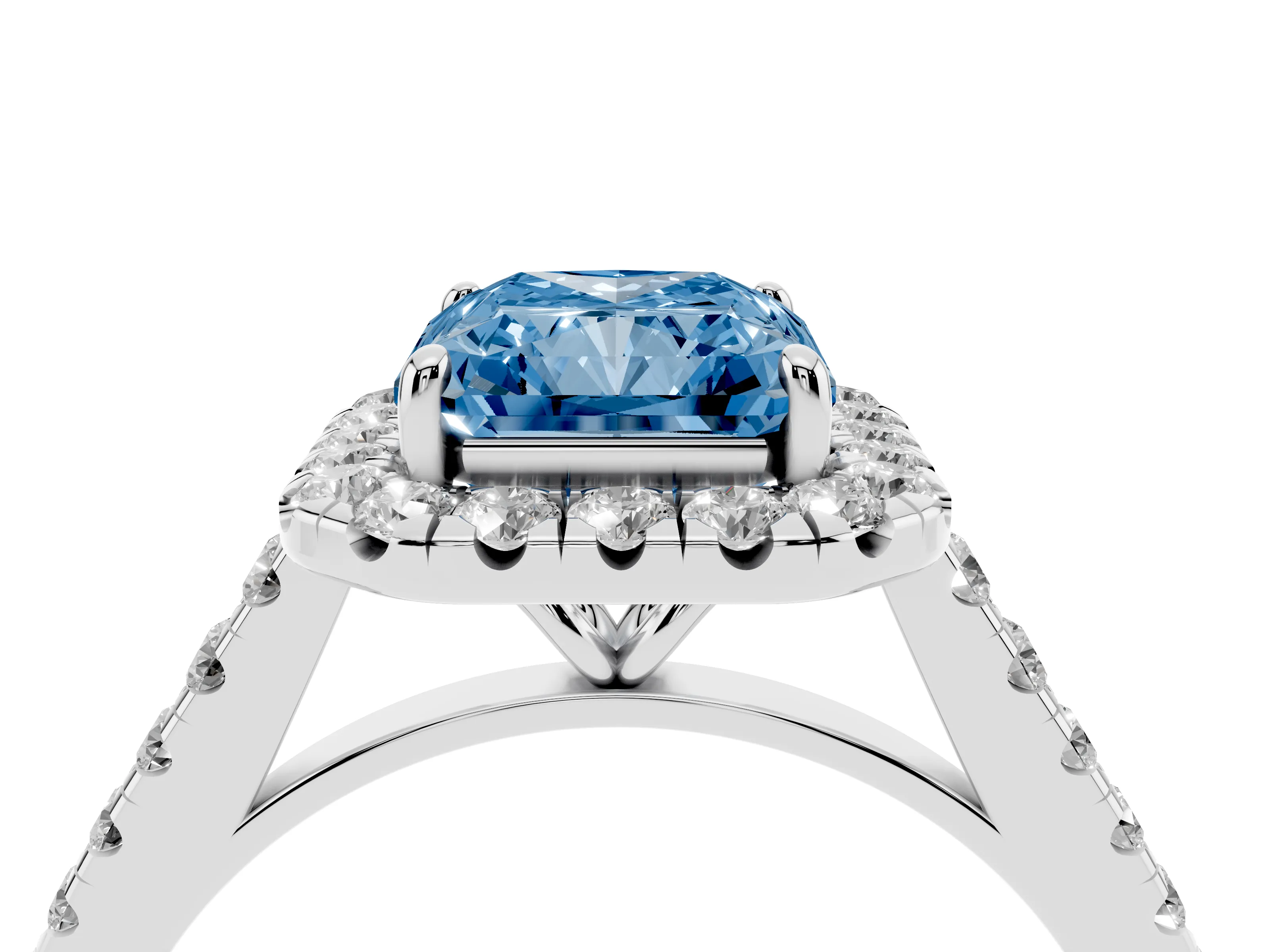 Fancy Blue Radiant Cut Diamond Halo Pavé Engagement Ring Set in Platinum with Prong Setting
